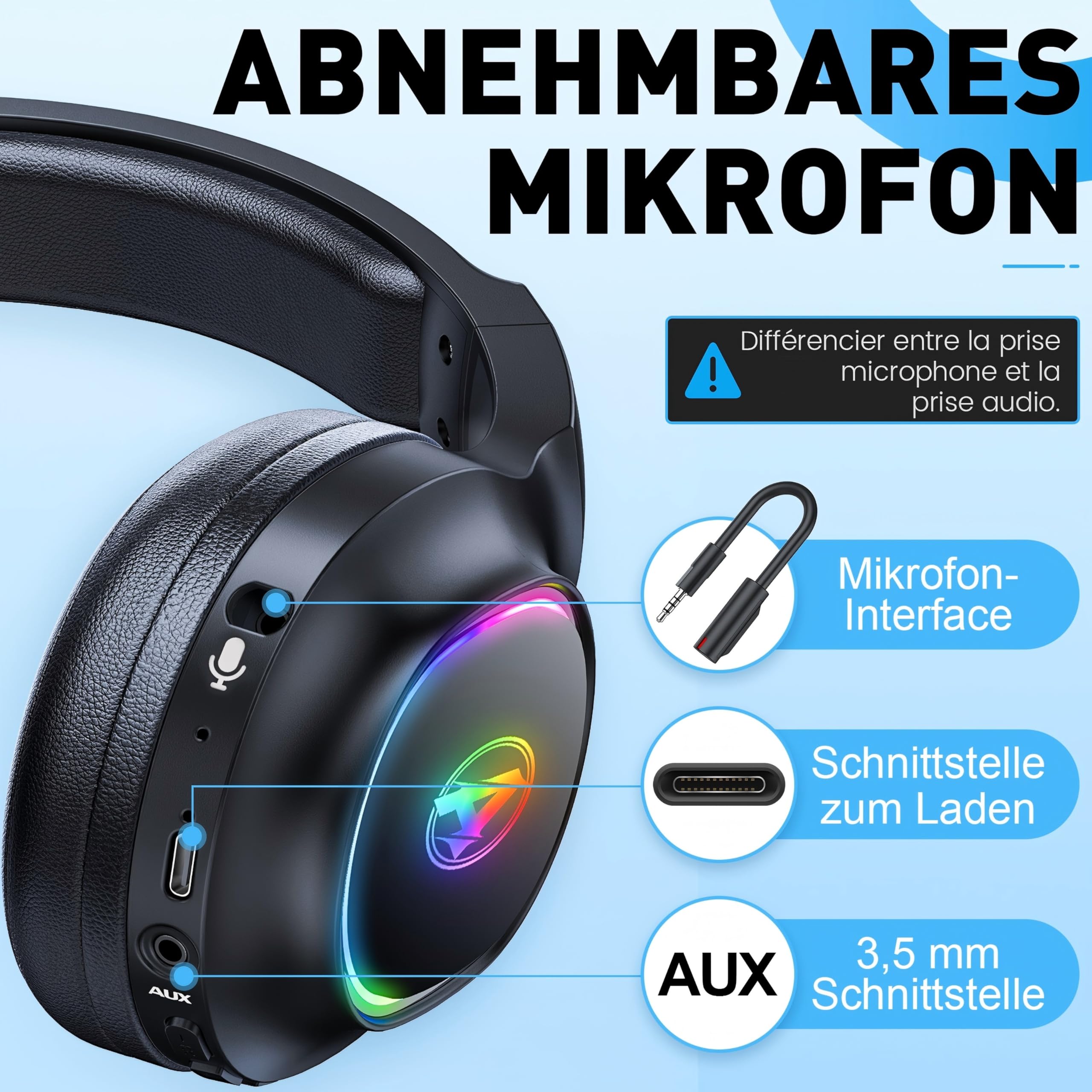 Wireless Gaming Headset für PS4, PS5, PC, Mac, Switch, 2,4 GHz Gaming Kopfhörer mit Geräuschunterdrückung und RGB Licht, Bluetooth Kopfhörer mit Kabel 3.5mm, Schwarz