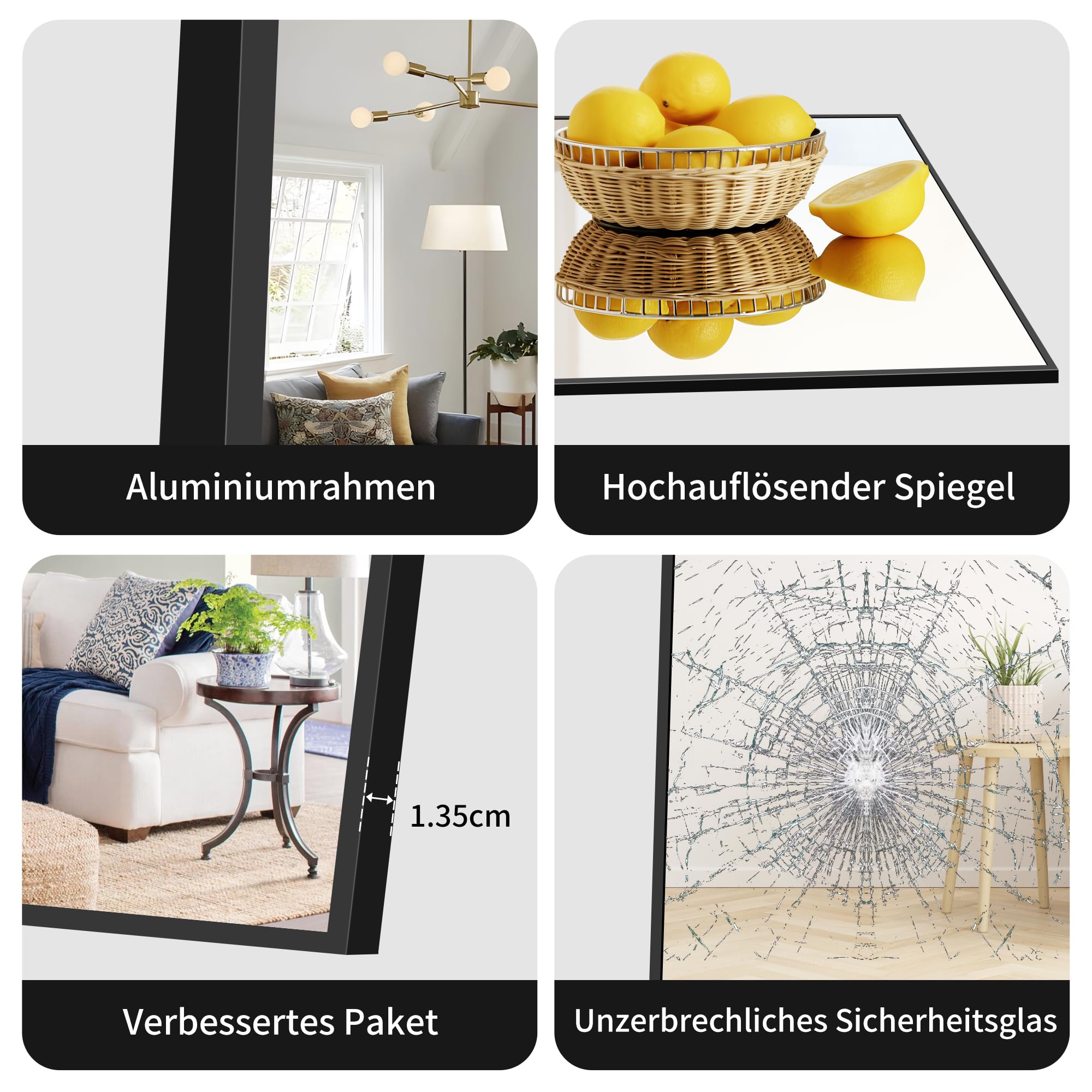 BONEWEI Ganzkörperspiegel 161 x 52 cm, Rechteckiger Standspiegel mit Schwarzem Aluminiumrahmen, Groß Wandspiegel Bodenspiegel für Schlafzimmer, Eingangsbereich, Flur, Heimdekorationn
