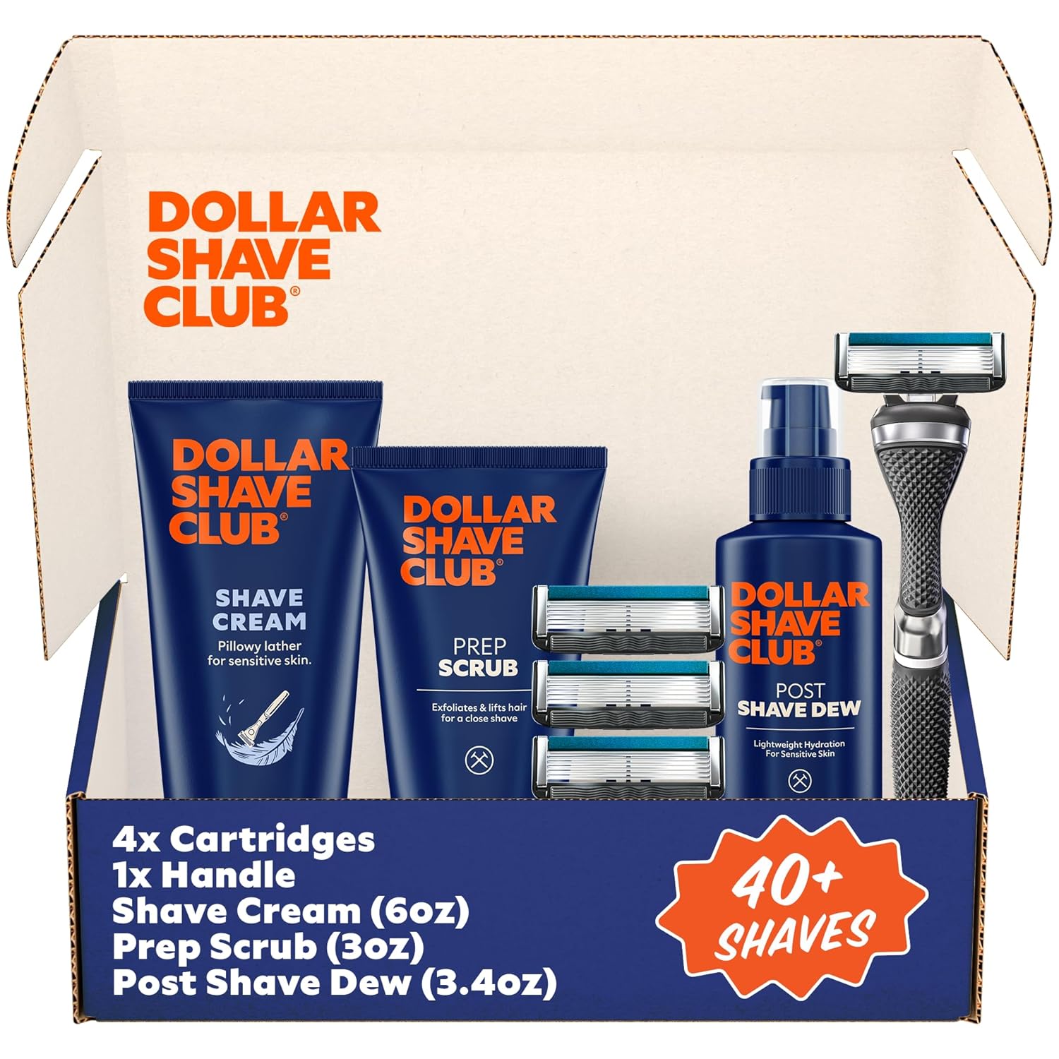 Dollar Shave Club | Ultimate Shave Set | 4 Extra Close Refill Cartridges, 1 Handle, 1 Prep Scrub 3 ounce, 1 Shave Cream 6 ounce, 1 Post Shave Dew 3.4 ounce Dollar Shave Club | Ultimate Shave Set | 4 Extra Close Refill Cartridges, 1 Handle, 1 Prep Scrub 3 ounce, 1 Shave Cream 6 ounce, 1 Post Shave Dew 3.4 ounce