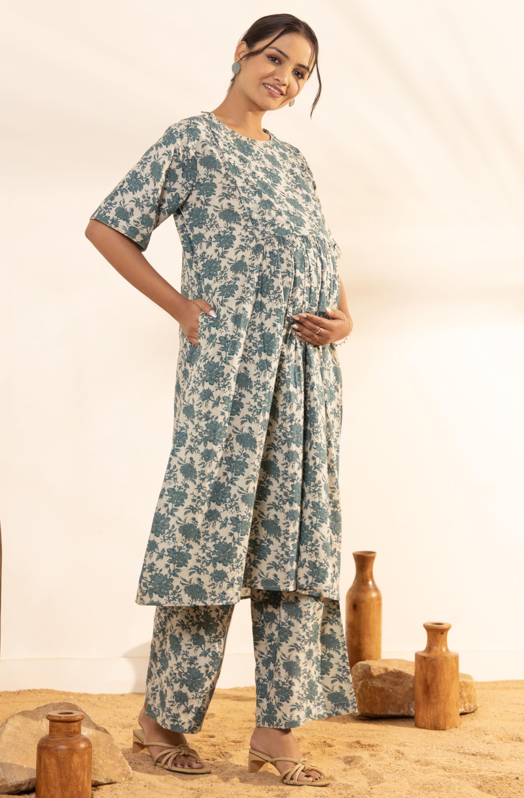 Janasya Women's Beige Pure Cotton Floral Printed Maternity Kurta Set (M21003-KR-PP-L) - Image 2 thumbnail