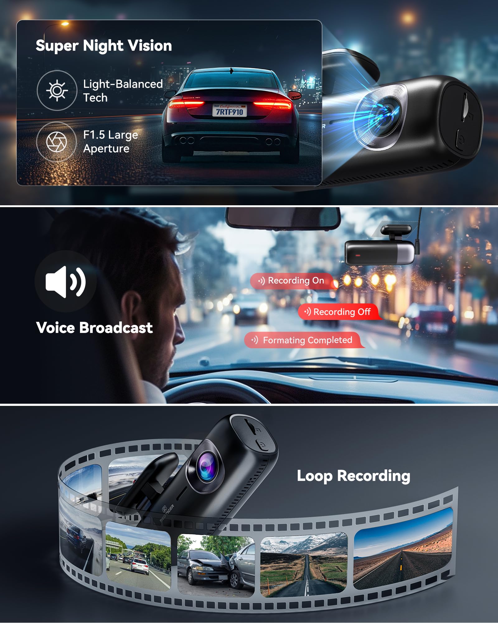 REDTIGER Dash Cam 4K/2,5K przednia i tylna, Dasham samochodowa z WiFi i GPS, nagrywanie w pętli, tryb parkingowy, inteligentne sterowanie za pomocą aplikacji, obsługa 256 GB (F9)
