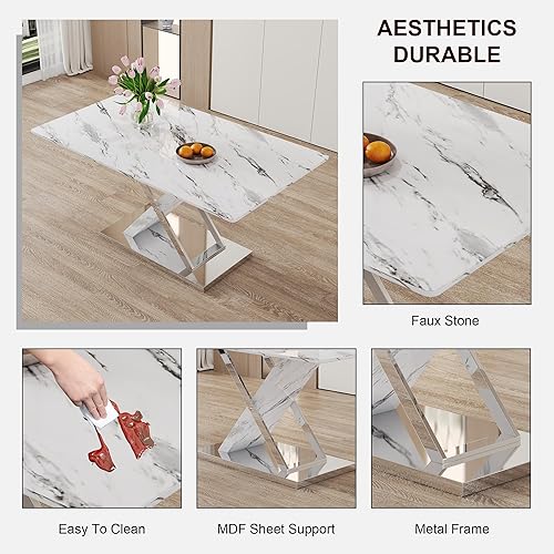 Miniatura 8 de Juego de mesa de comedor de mármol para mesa rectangular blanca de 6.63 pulgadas con marco de metal plateado en forma de X y 6 sillas de comedor de