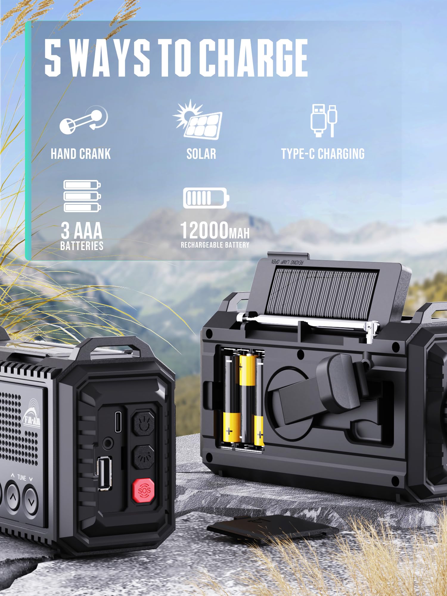 Kurbelradio mit Solar & 12000mAh Powerbank | AM/FM/SW Notfallradio, USB-C Handyladung, SOS-Alarm, Taschenlampe & Leselampe | Radio mit Weltempfänger | Wasserdicht, Tragbar für Camping, Outdoor,Schwarz
