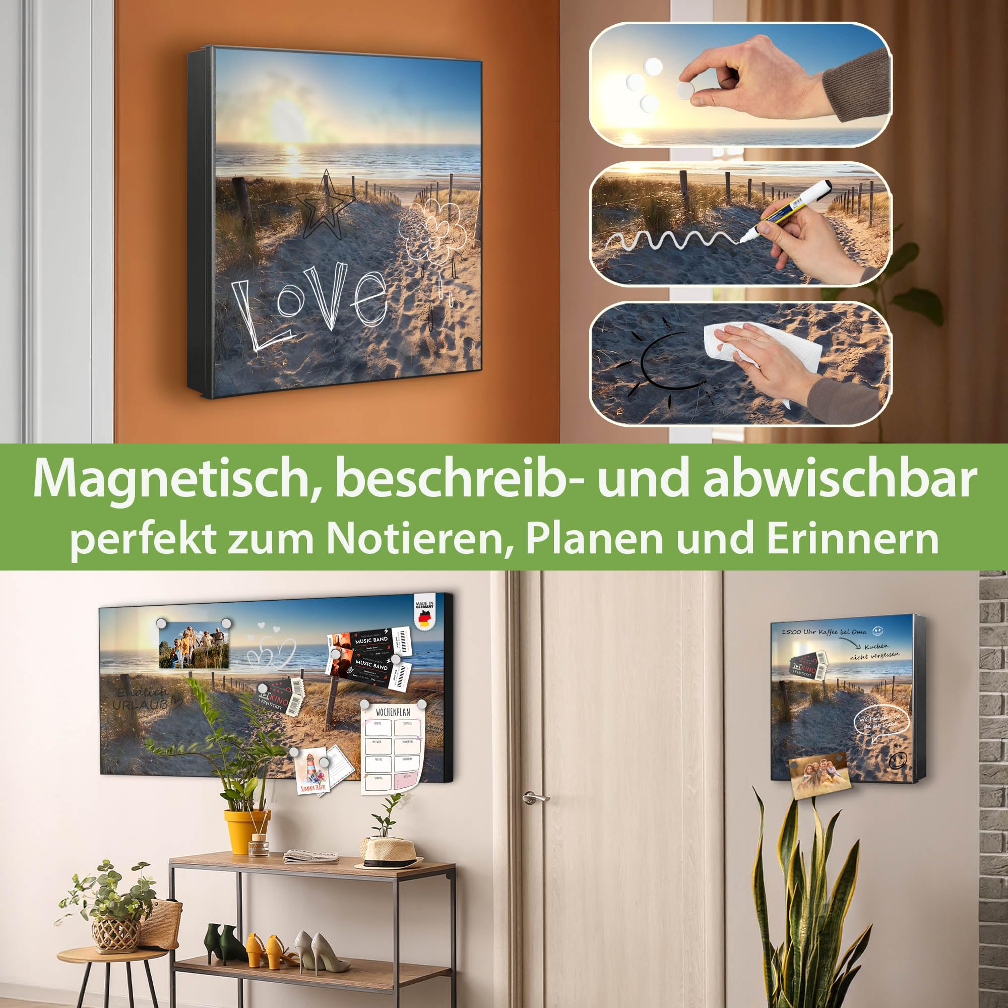banjado Großer Schlüsselkasten Metall - Schlüsselbox 30x30cm beschreibbarer mit 32 Haken - Schlüsselkasten modern für Schlüsselaufbewahrung - Korpus Schwarz Scharnier Links - Motiv Nordseestrand