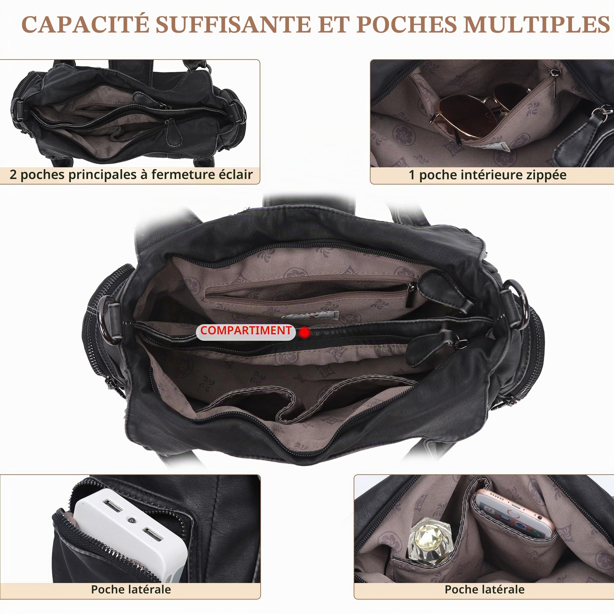 Angel Kiss Sac à main pour femme - Sac à bandoulière rétro - En cuir végétalien - Sac à main vintage - Souple - Grand sac à bandoulière pour femme - Avec bandoulière amovible