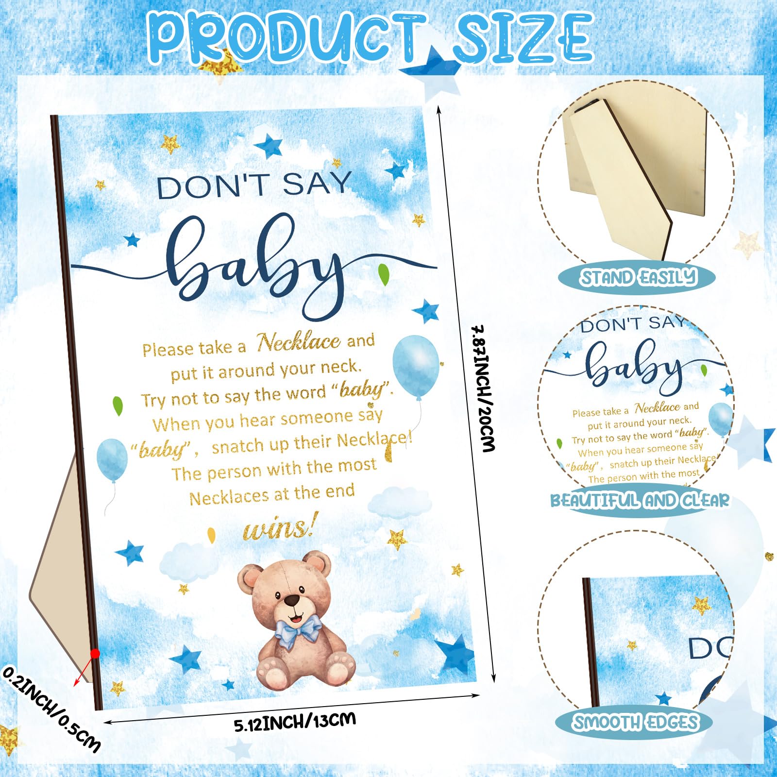 51-teiliges "Don't Say Baby Shower"-Spielzubehör, cooles Babyparty-Spiel, inklusive Babyparty-Schild und 50 Baby-Halsketten, Holzketten, Babyparty für Jungen und Mädchen, Party-Dekoration (blauer Bär)