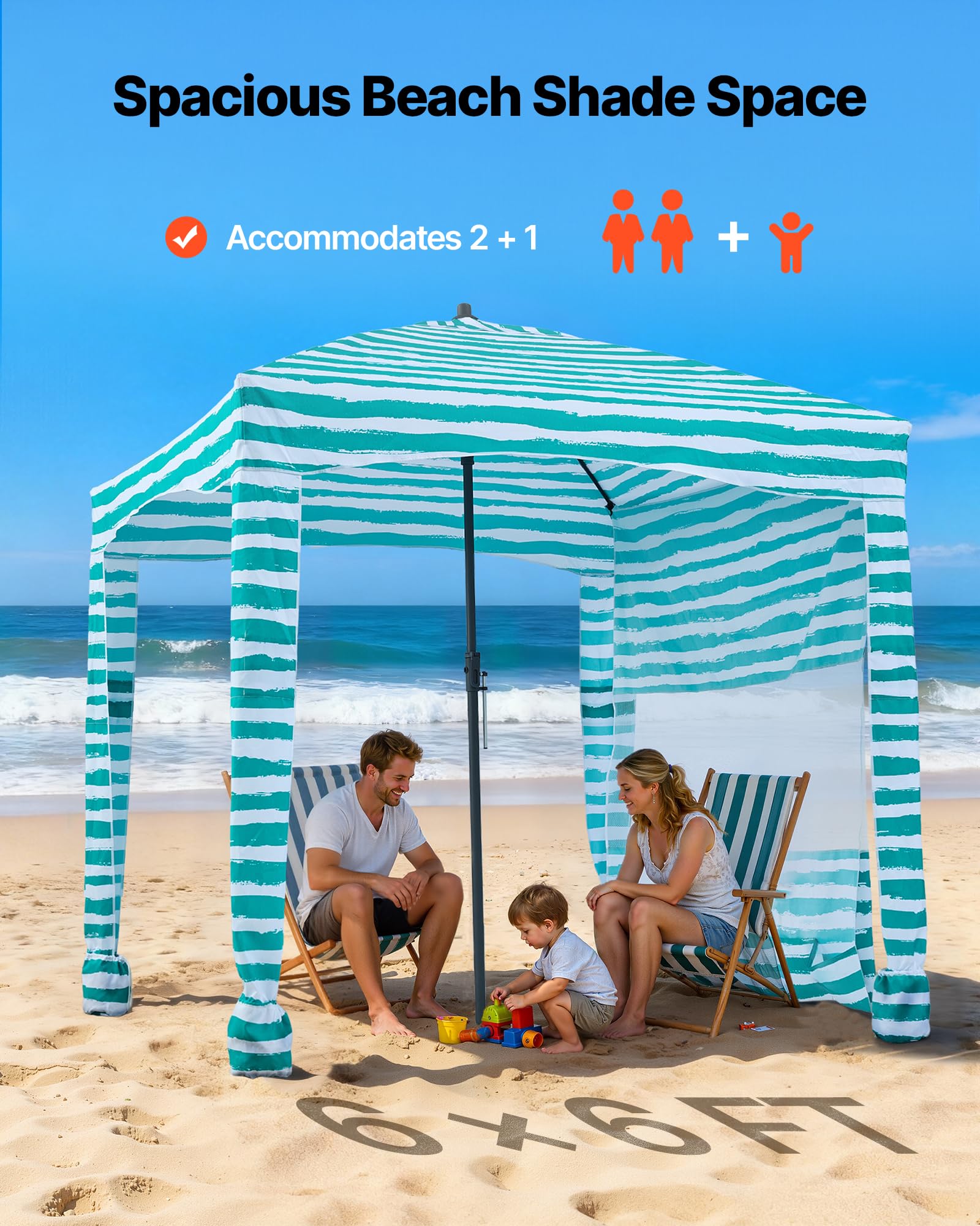 VEVOR Namiot plażowy 1830 x 1830 x 2290 mm, ze ścianą boczną i kieszeniami na piasek, przenośny parasol przeciwsłoneczny z regulacją wysokości dla rodziny i przyjaciół, zielony z białymi paskami