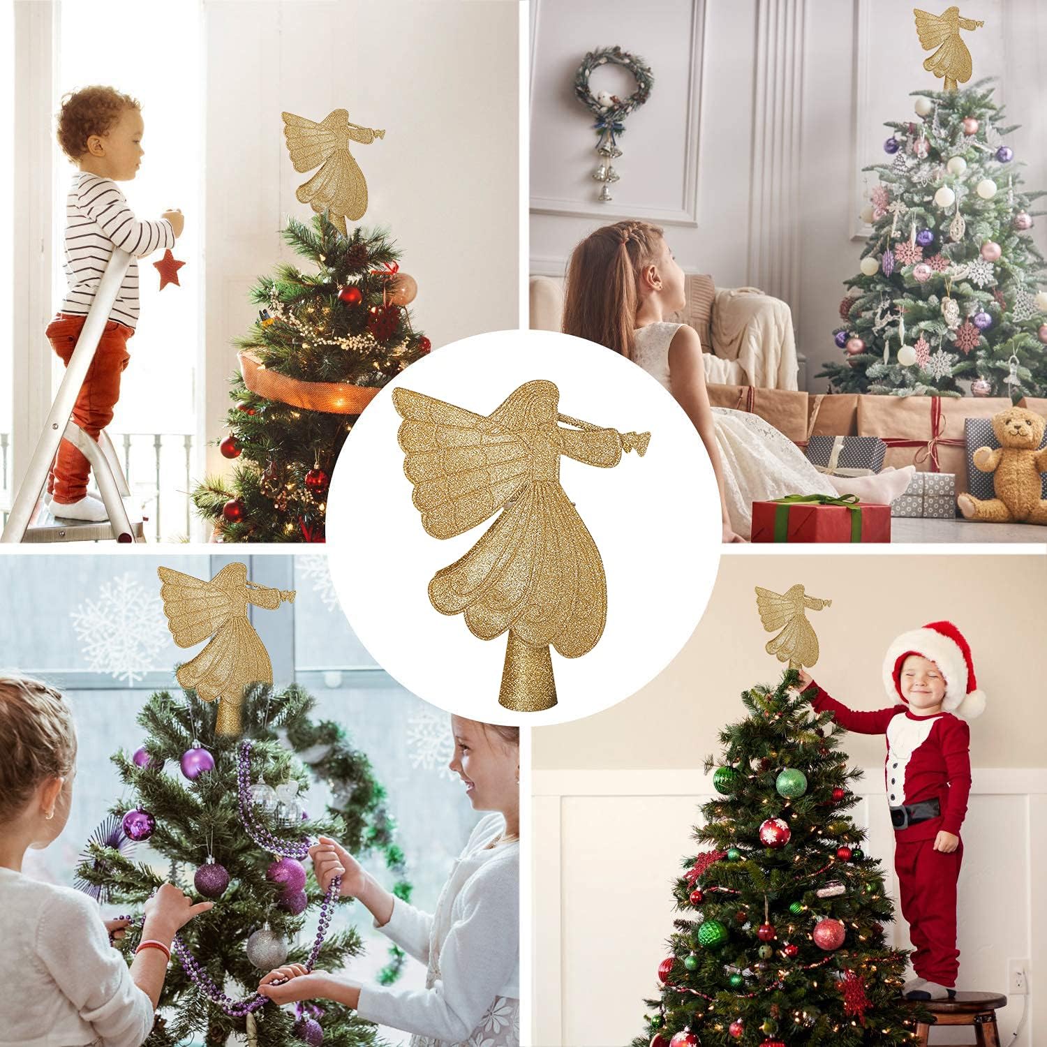 YZHI Angel Tree Topper, Christmas Tree Topper Projector Lighted Ornaments, Snowflake Lights 3D Christmas Tree Decoration Xmas Gifts (Gold)