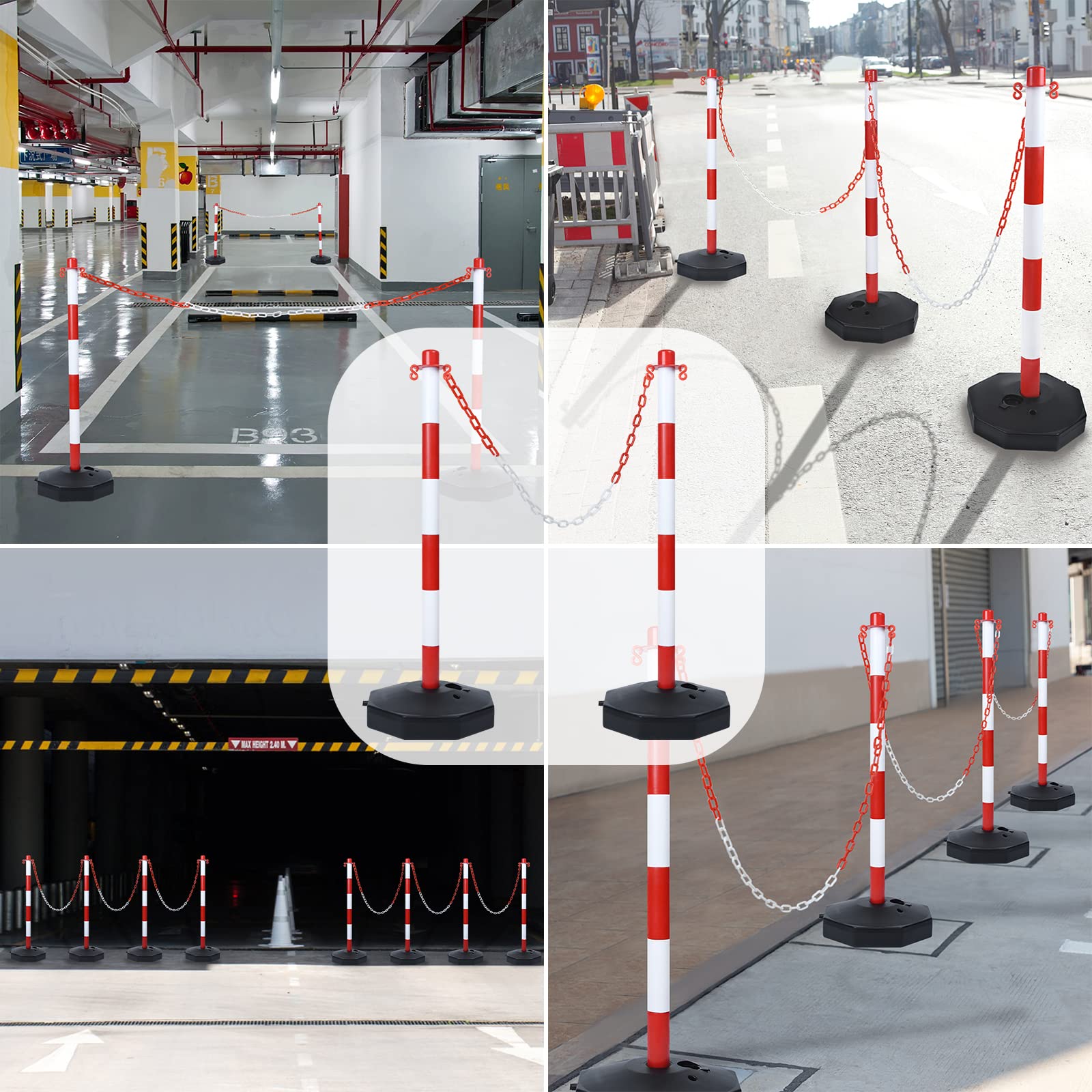 Poteaux de Barrière 2 pcs Potelets en Plastique avec Chaîne 140cm Poteau de Base PE PP 82cm Flexible Signalisation Cône Inclus Rouge+Blanc
