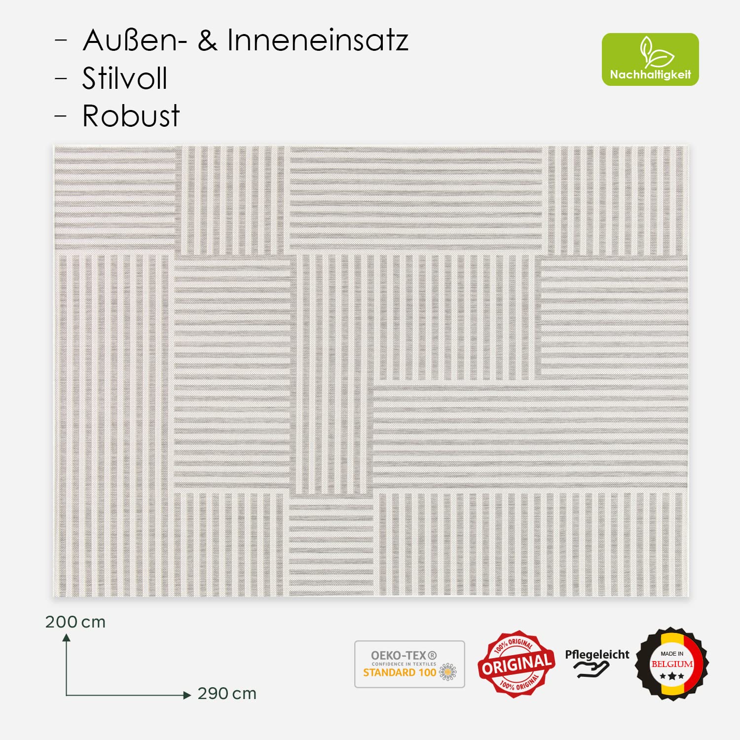 DomDeco In- & Outdoor Teppich Joris - wetterfest & robust für Terrasse/Balkon oder Innenräume, 100% aus recycelten PET-Flaschen, Creme-Grau in 200 x 290 cm