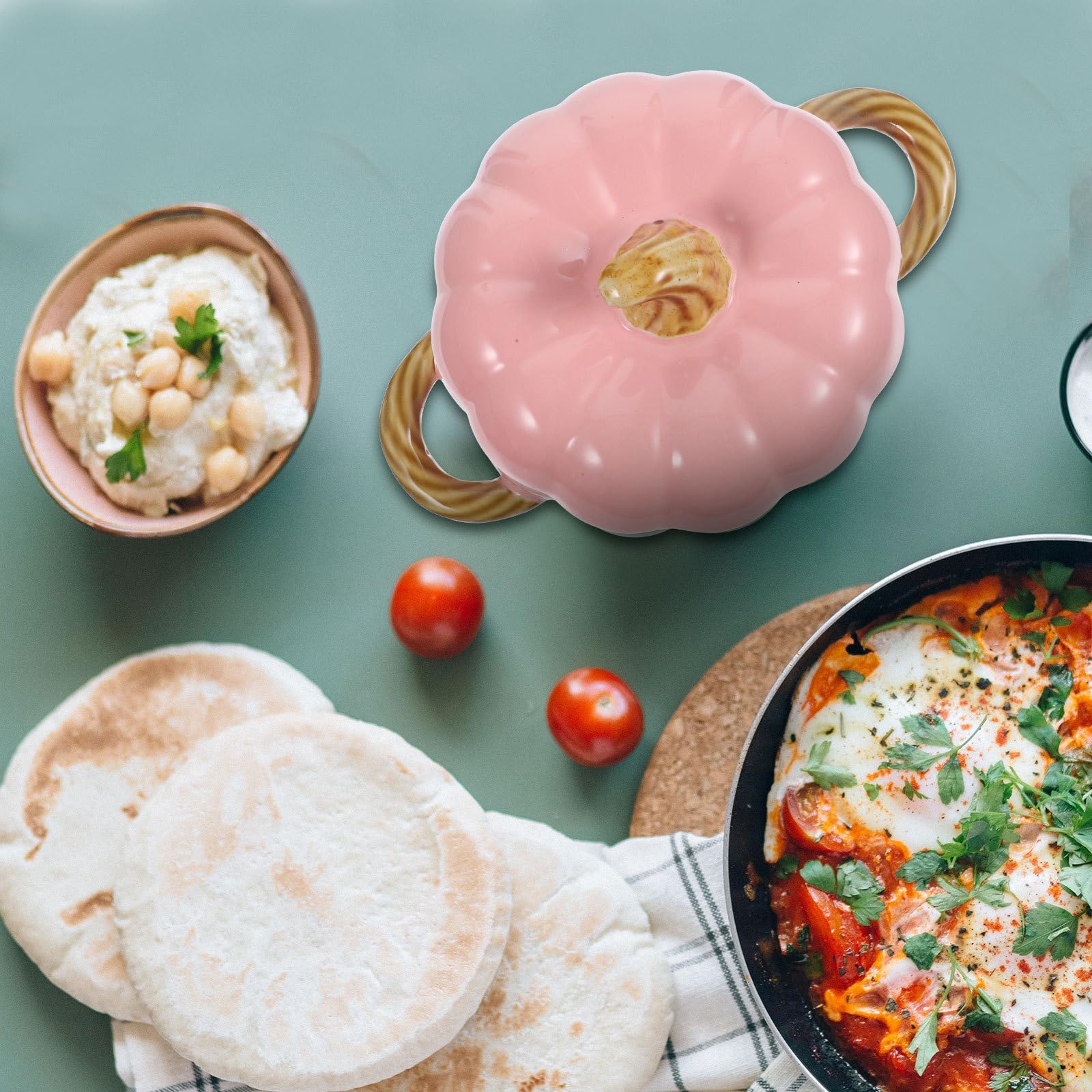 INOOMP Tazón de Sopa de Cerámica en Forma de Calabaza Rosa con Tapa y Doble Asa, Capacidad 1500ml, Fácil de Limpiar y Mover para Cocina y Restaurante
