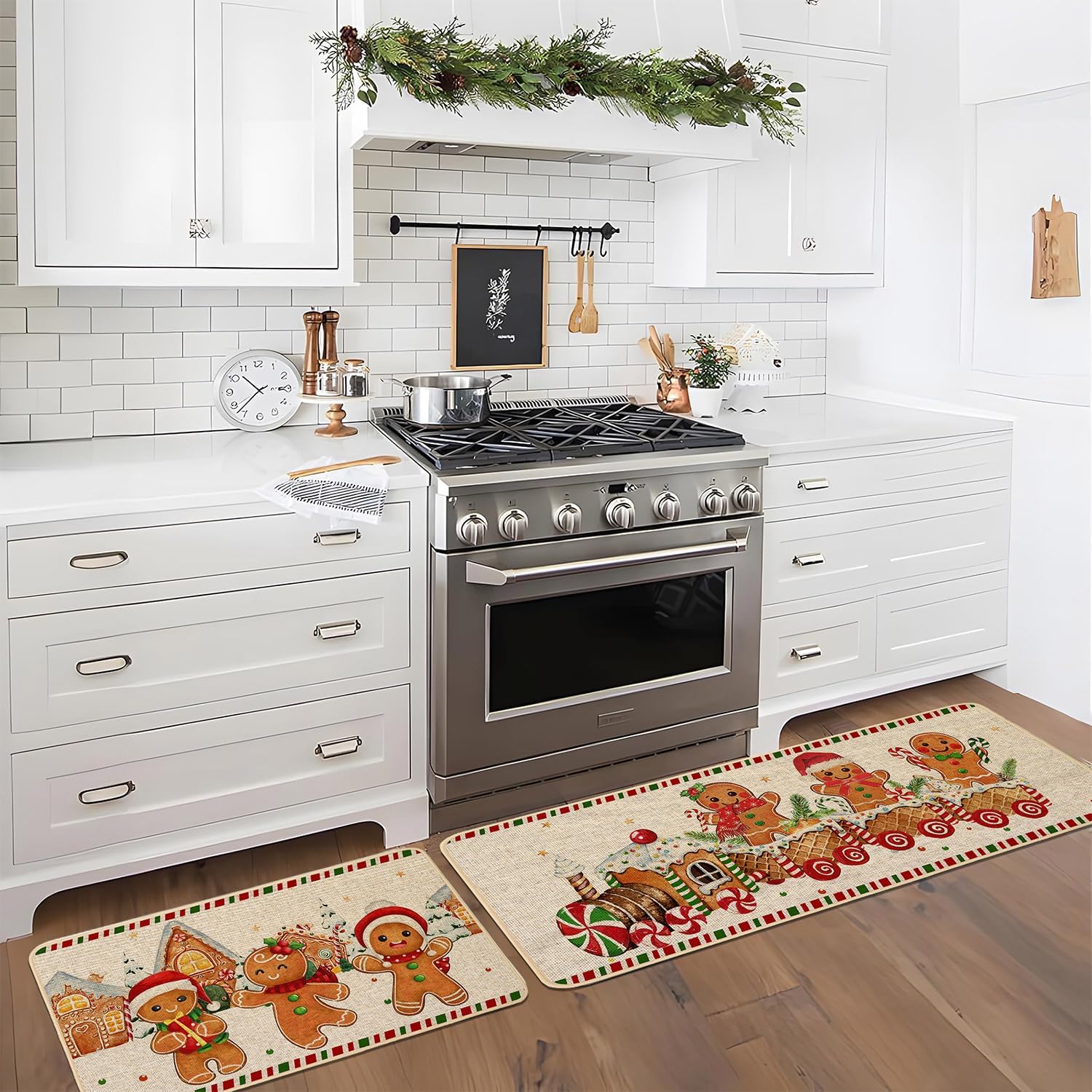 Baccessor Christmas Kitchen Rugs Set of 2, Gingerbread Candy Cane Kitchen Mats for Floor Hallway Laundry Sink Low-Profile Winter Holiday Home Decor 17x29 and 17x47 Inch