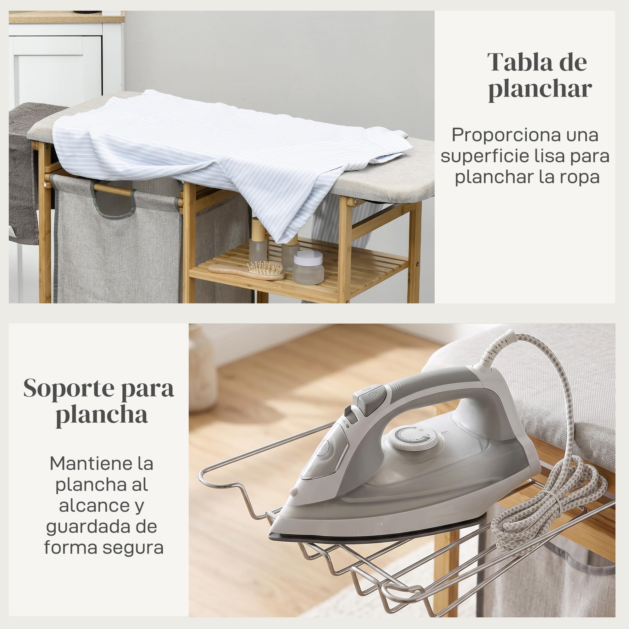HOMCOM Cesto de Ropa Sucia 57,4L con Tabla de Planchar 113x34x82 cm Natural | Cesta Ropa Sucia de Bambú, Soporte para Plancha, 3 Estantes, Bolsa Extraíble, Estantería de Baño para Lavandería