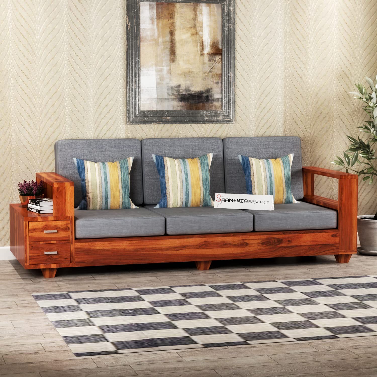 SAAMENIA FURNITURES Solid Sheesham Wood 3 Seater Sofa Set with Attached 2 Shelf Drawers for Living Room Furniture - Brown Finish-image-28