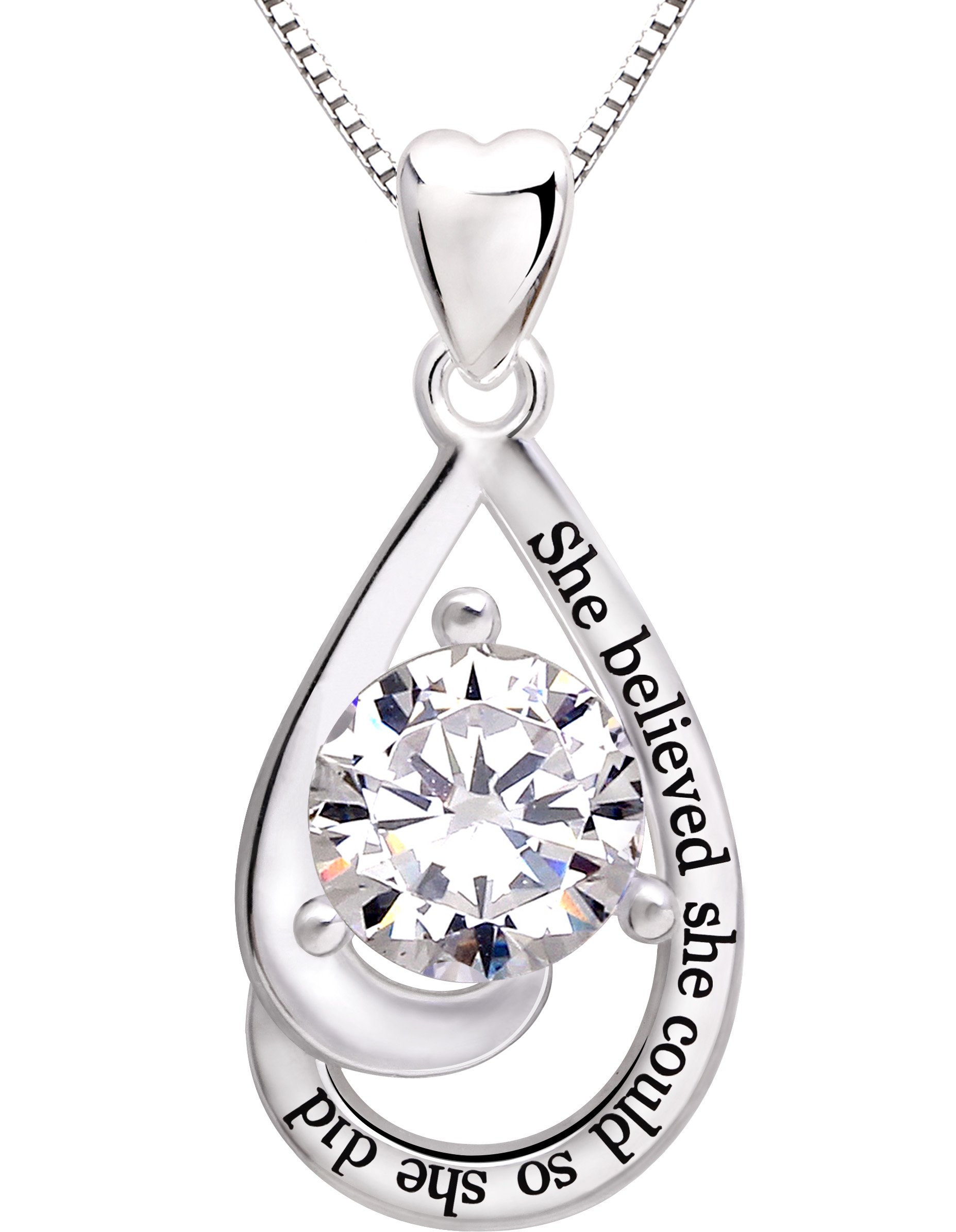 Jewelry Sterling Silver "She believed she could so she did" Cubic Zirconia Pendant Necklace