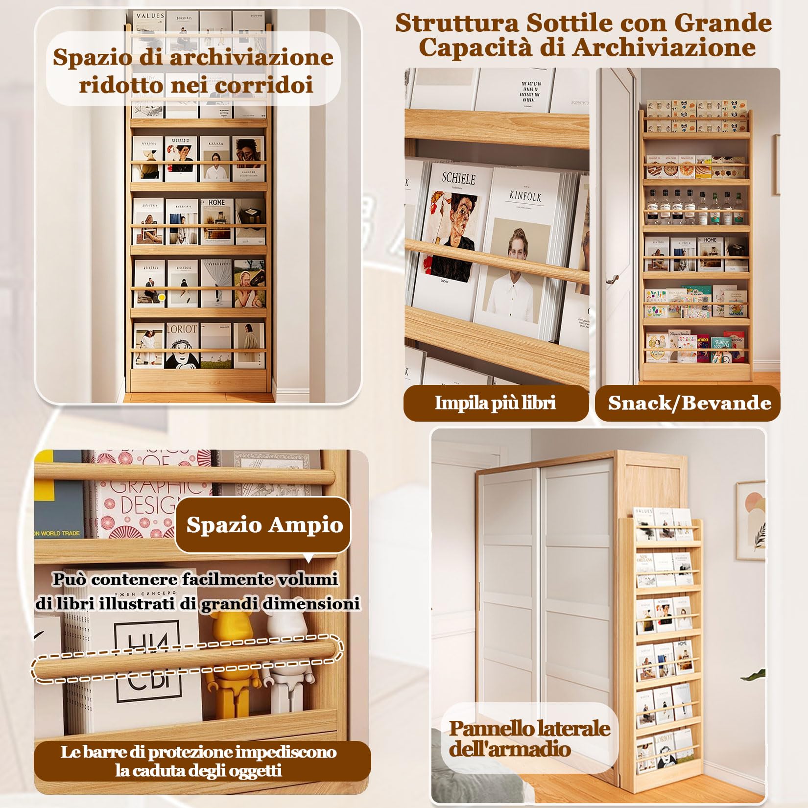 Scaffale Organizzatore in Legno Massiccio Stretto,Scaffale Dietro la Porta,Libreria sottile e stretta,Libreria Bambini da Parete,grande capacità di archiviazione,for soggiorno,armadio