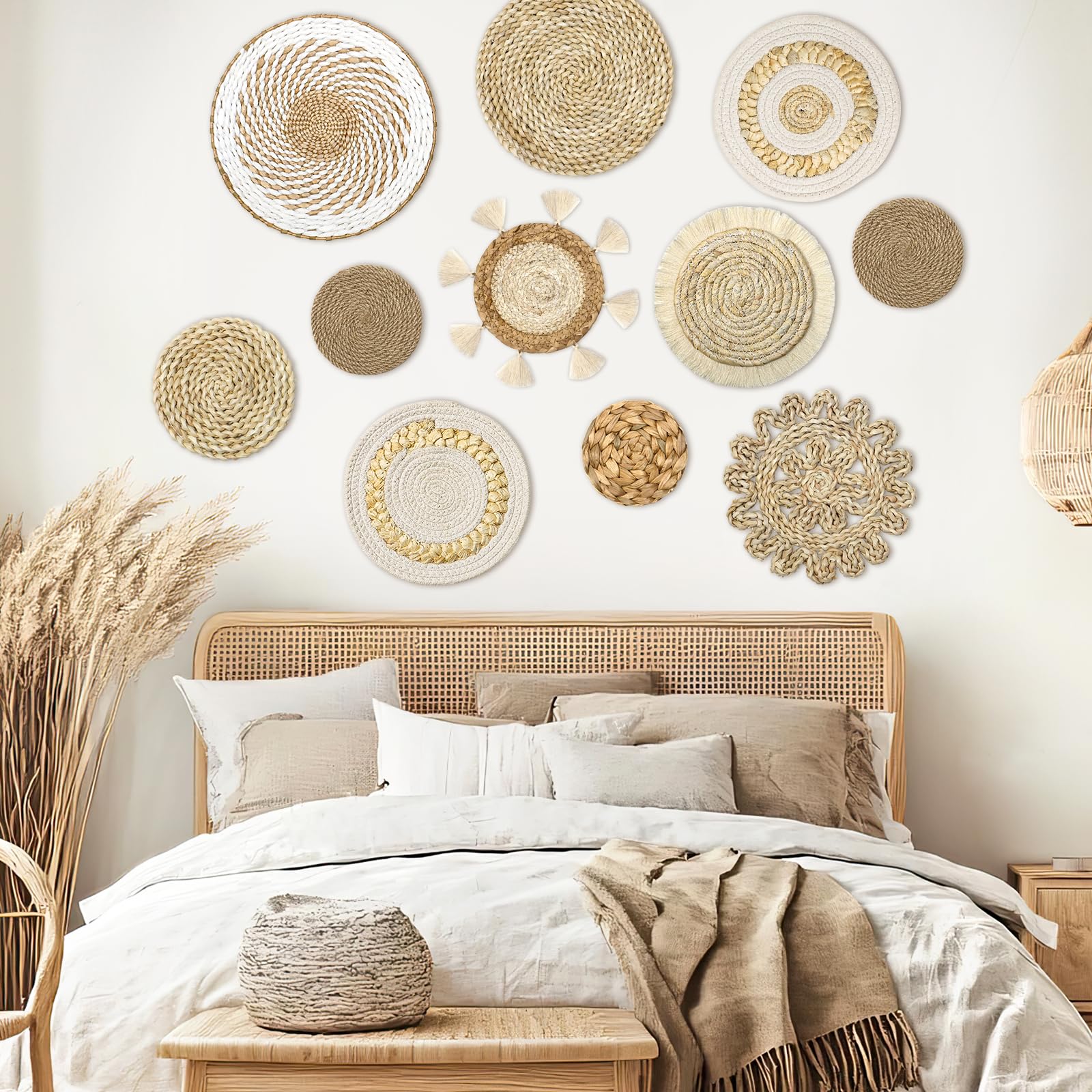 ASTNIC Juego de 11 cestas de pared bohemias para colgar en la pared, juego de decoración de ratán, cestas redondas de tejido bohemio, rústicas con borlas, macramé, cestas tejidas a mano, decoración de