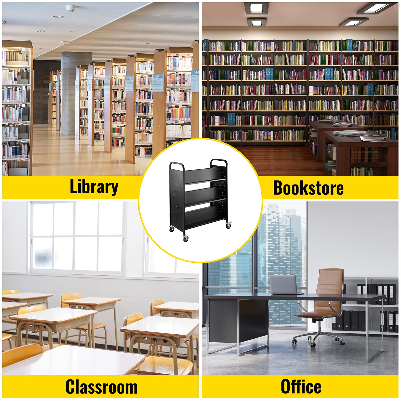 VEVOR Bücherwagen, 90 kg Bibliothekswagen, 125 x 90 x 48 cm Rollender Bücherwagen, doppelseitige, W-förmige, geneigte Regale mit feststellbaren Rädern für Heimregale, Büro, Schule, Bücherwagen