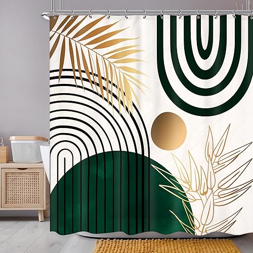 Cortinas de ducha bohemias abstractas verdes para baño, arco moderno de mediados de siglo, minimalista, estético, contemporáneo, hojas, plantas, 72