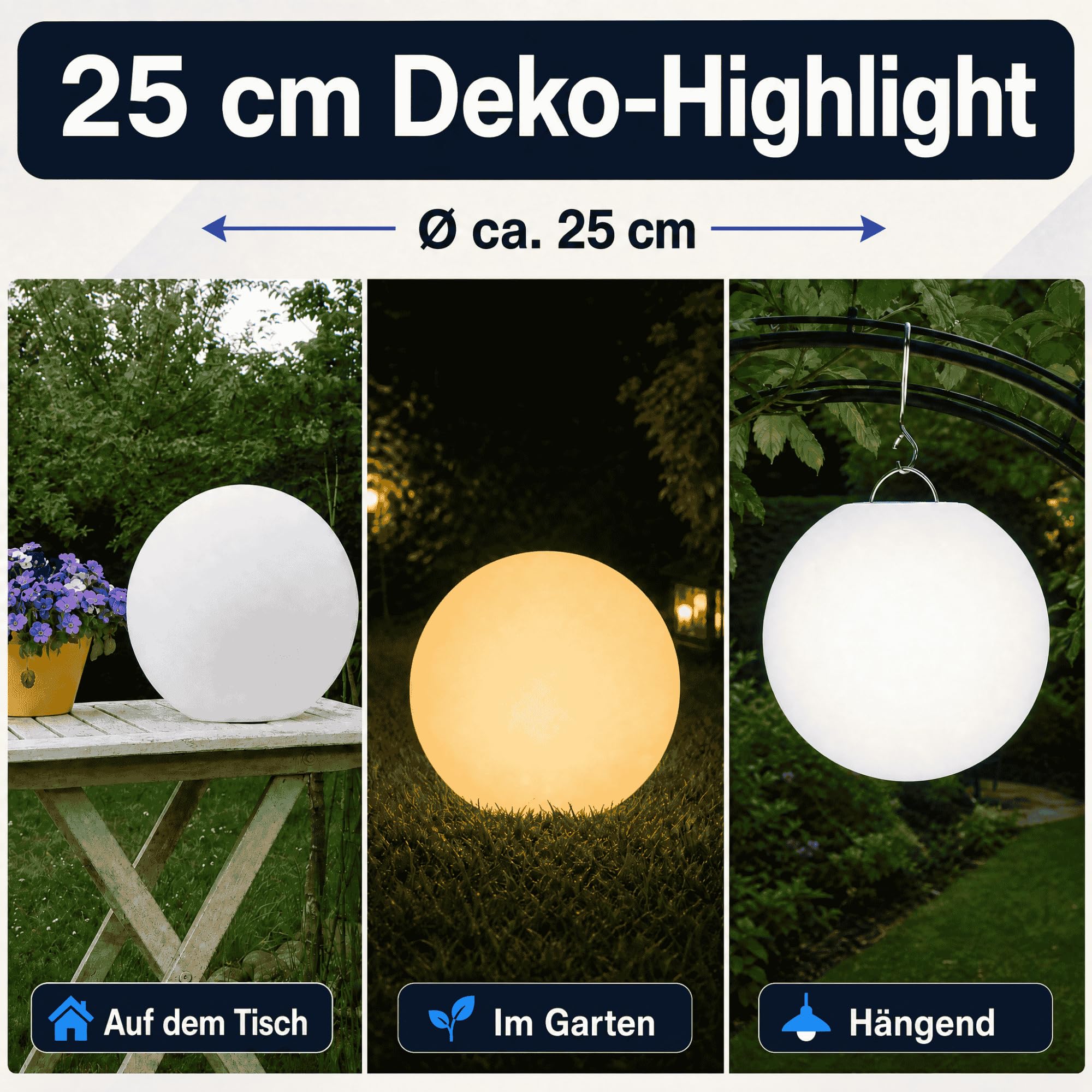 @tec LED Leuchtkugel für Garten & Terrasse, 25 cm Durchmesser, mit Fernbedienung für RGB Farbwechsel und Dimmung, mit Akku, IP54, hängend oder stehend, USB aufladbar, robuste PE-Hülle