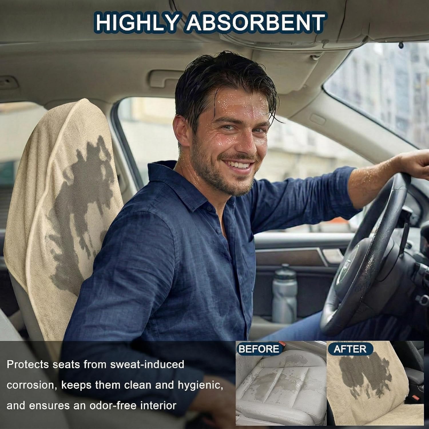 Car Seat Towel Cover, 2 Pack Universal Front Seat Protector for Cars, SUVs and Trucks, Sweat Towel Car Seat Cover for Gym, Yoga, Swimming, Pets and Family Travel, Beige,