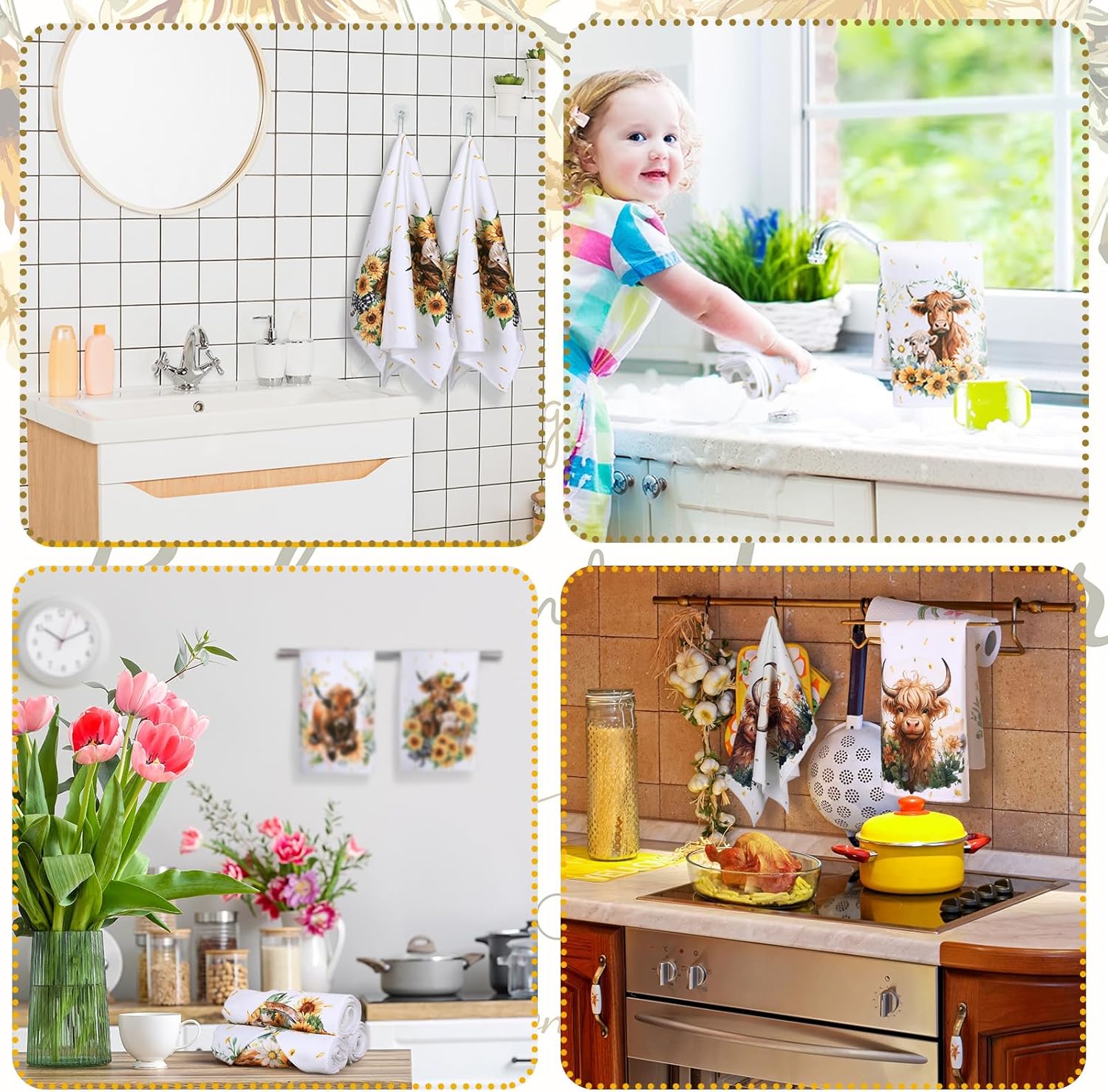 Redbaker Set of 6 Highland Cattle Kitchen Towels Highland Cow Themed Dish Towels Absorbent Farm Cattle Watercolor Floral Tea Hand dishcloths Housewarming Gift for Farmhouse Kitchen(Vintage,Sunflower) - Image 6