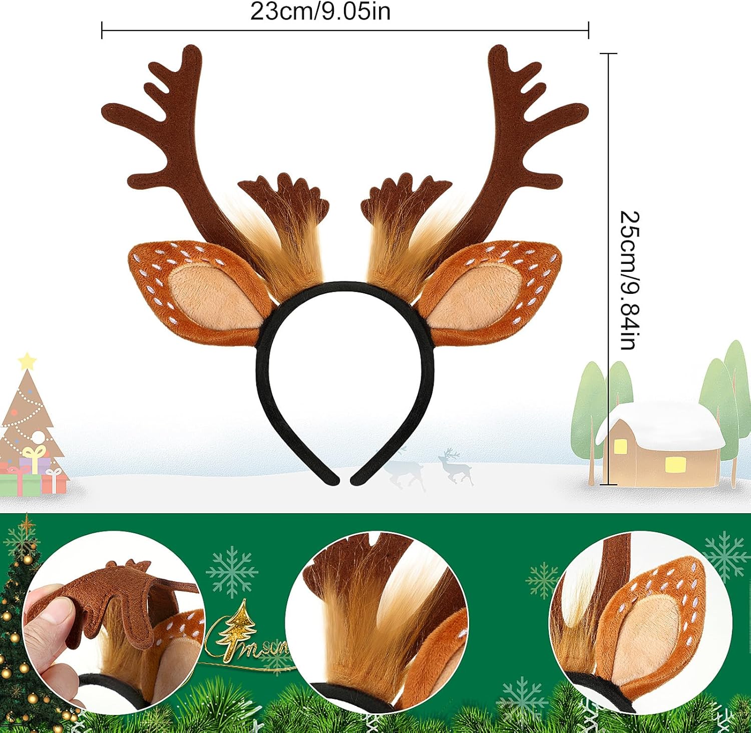 Lyrow 12 Pcs Reindeer Antlers Headbands for Adults Christmas Antlers Headband with Bells Holiday Party Gift (Brown Hair Style)