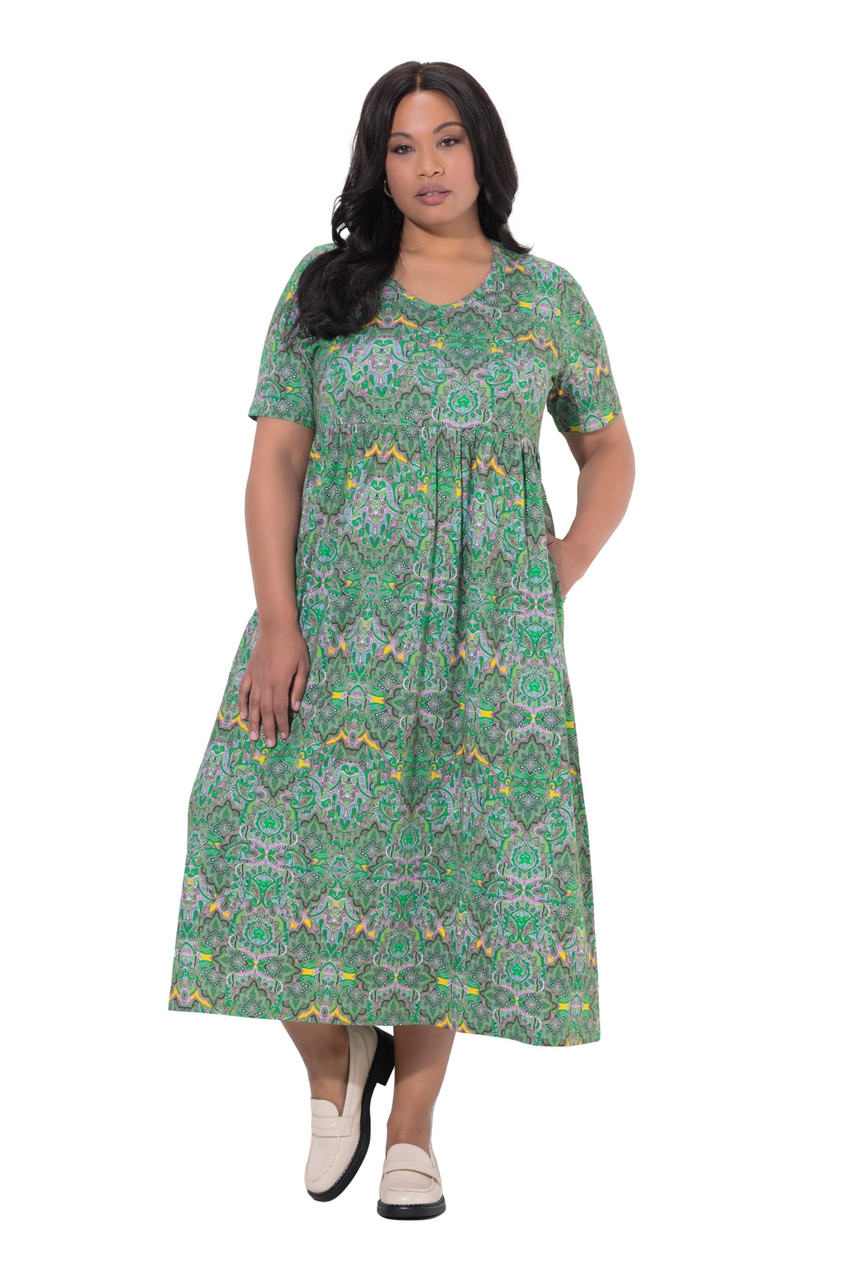 Ulla Popken Damen große Größen Übergrößen Plus Size Maxikleid, A-Linie, V-Ausschnitt, Halbarm, Taschen 847587