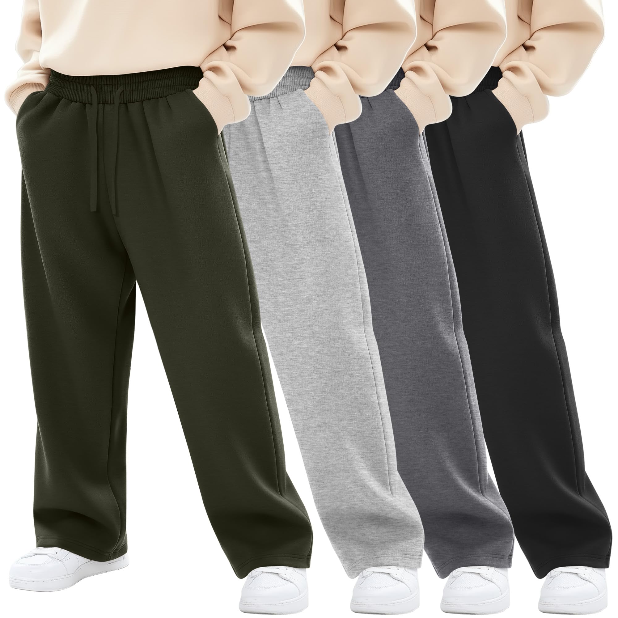 4 Pack Boys Baggy Sweatpants Straight Leg Open Bottom Casual Pants Basic Elastic Waist Athletic Kids Joggers