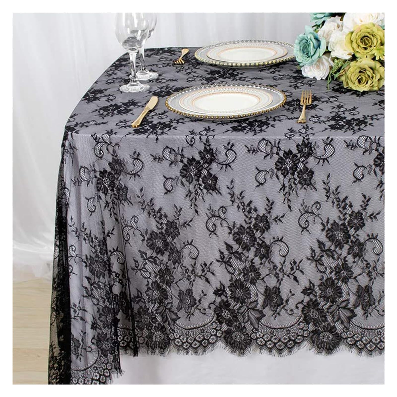 NJIEzhao Embroidered Lace Tablecloth 300cm Rustic Wedding White Lace Tablecloth Vintage Embroidered Reception Table Cloth Decor(Black,35X300cm)