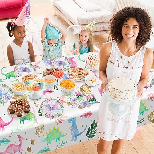 Miniatura 6 de Juego de vajilla de fiesta de dinosaurio de acuarela para niña, suministros para fiesta de cumpleaños de dinosaurio rosa, incluye platos para tartas