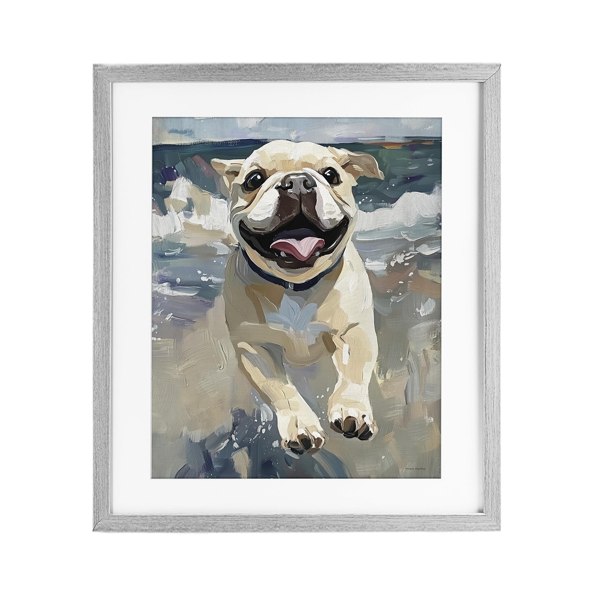 Stupell Industries 'Sunny Paws Dog on Beach', Framed Print Under Glass, Gray, 13 x 16 Inches, Easy to Hang and Sturdy, Made in USA, by Svetlana Aleynikova