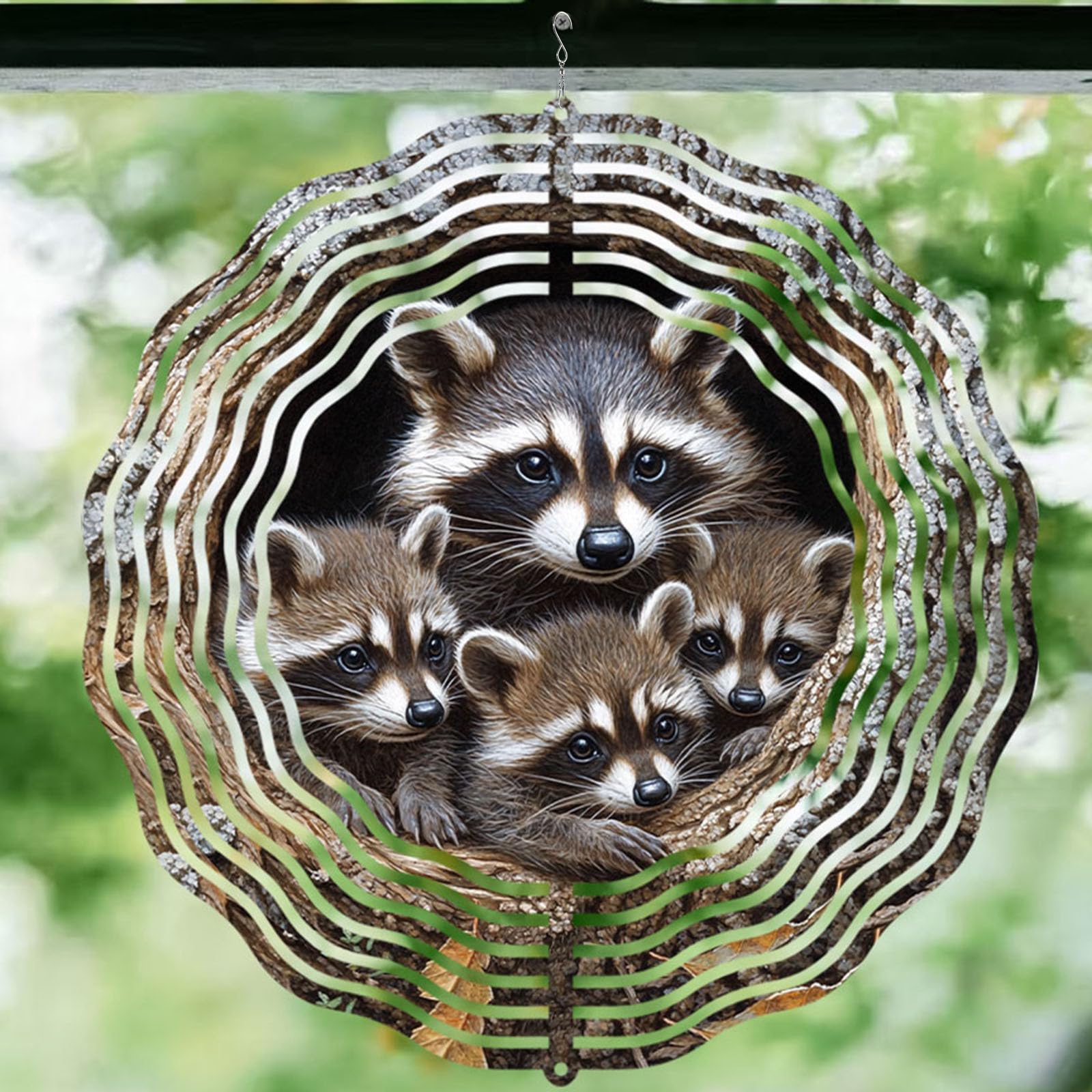 10 Inch Raccoon Wind Spinner, 3D Stainless Steel Hanging Kinetic Wind Sculpture Gifts for Garden Yard Art Indoor Outdoor Window Porch Front Door Decor, Women, Spring Decorations