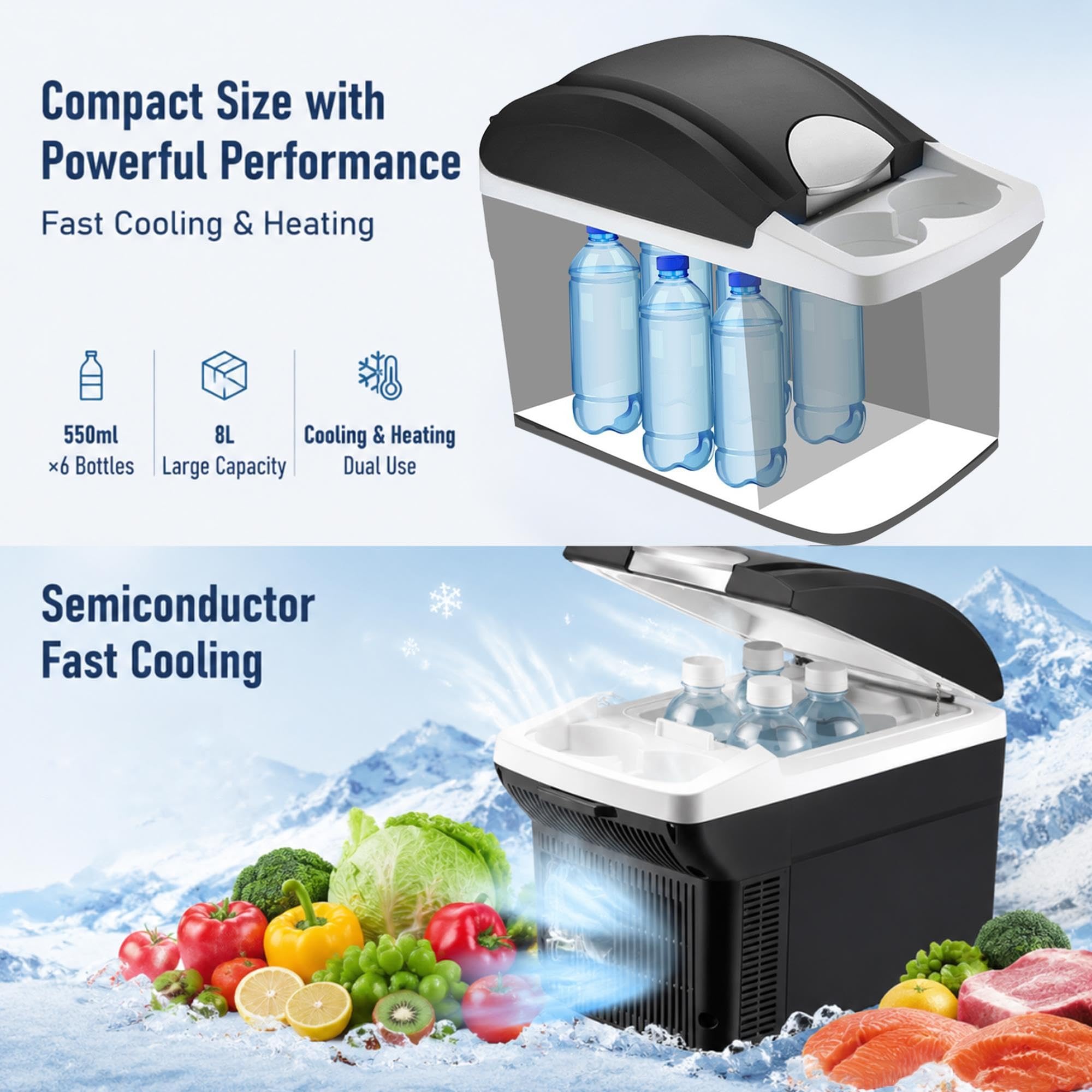 Frigo Portatile per Auto 8L Elettrico 12V/220V per Campeggio e Viaggi | Mini Frigo, Funzione Raffreddamento & Riscaldamento per Auto e Casa, Ideale per Bevande e Snack