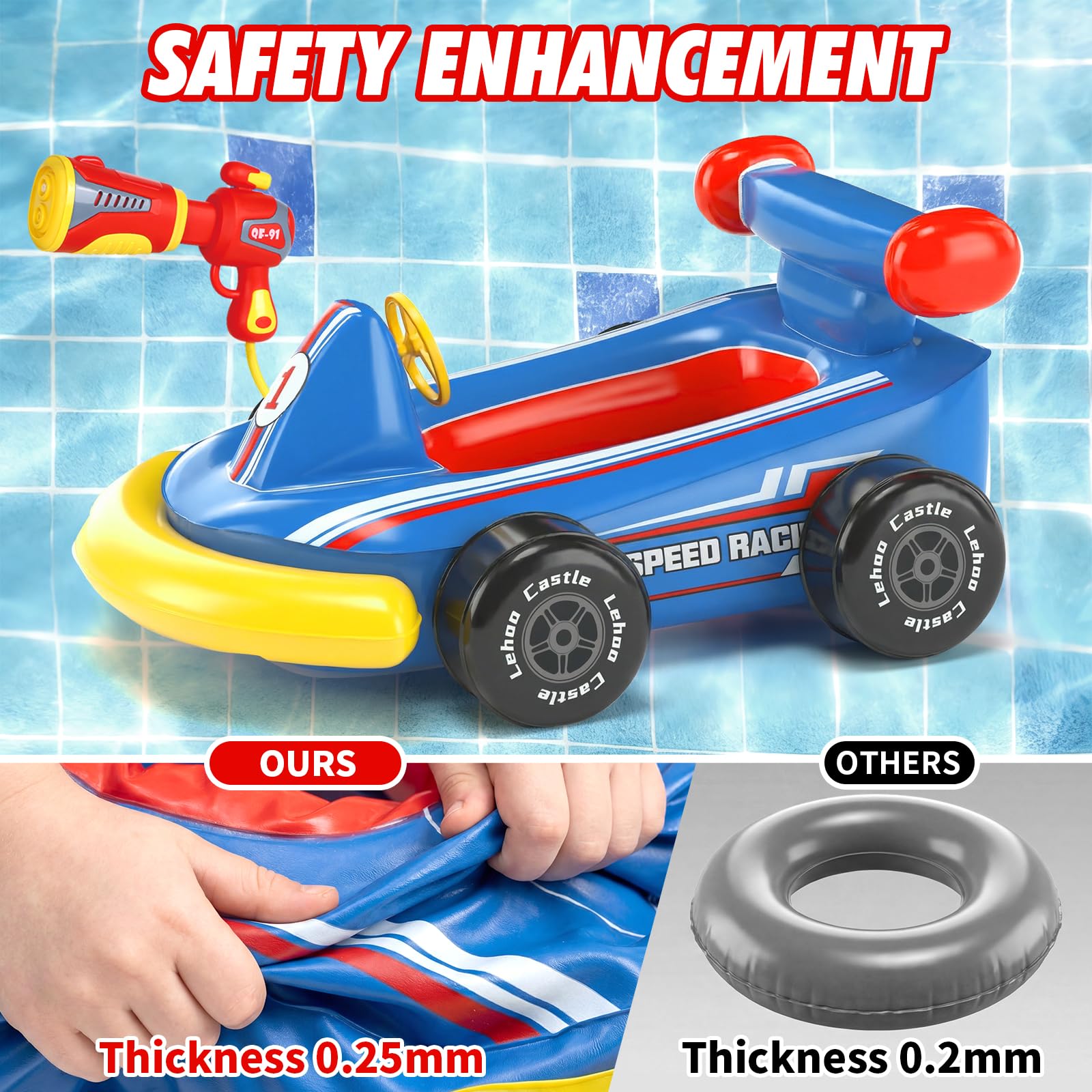 Lehoo Castle Gommone Gonfiabile con Pistola ad Acqua e Volante Sonoro, Ausilio di Galleggiamento Go-kart per Bambini dai 3 ai 6 Anni, Seggiolino da Piscina Sicuro per Giochi Acquatici Estivi