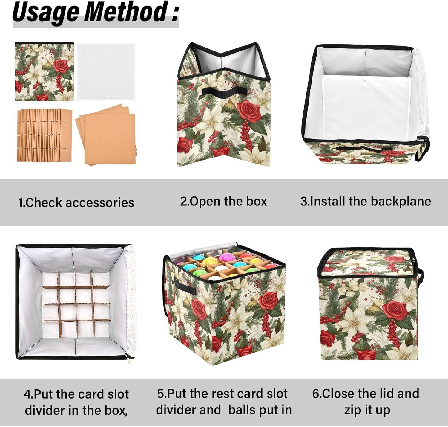 Christmas Wreath Flower Christmas Ornament Storage Box for Next Season Holiday Decorations Storage Container with Adjustable Dividers & Lid Foldable Storage Bins for Ornaments Balls Decor Organizing