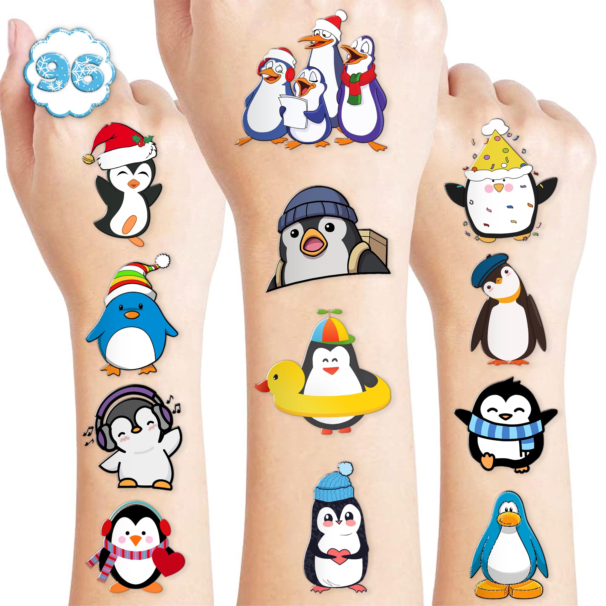 96PCS Penguin Pre-Cut Temporary Tattoos for Kids - Cute Party Favors & Decorations, Ideal for Birthday Parties, Classroom Rewards, and Christmas Gifts