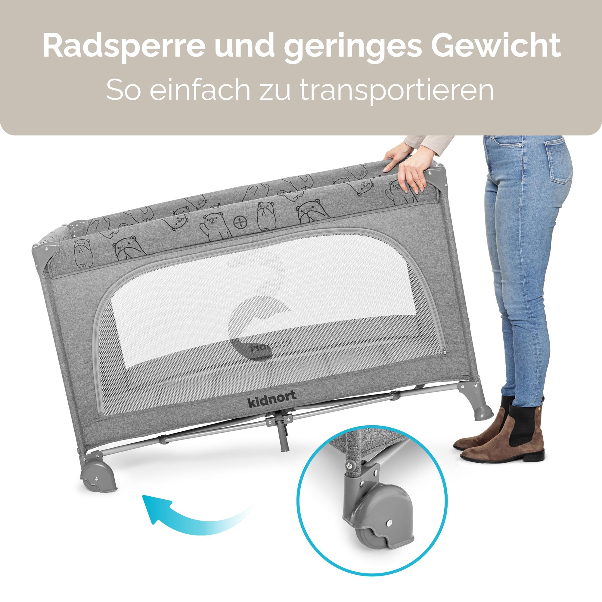 Ihalig Reisebett Babybett faltbar mit Matratze Seiteneingang und Rollen mit Bremsen Kinderreisebett klappbar mit Tragetasche Seitentasche platzsparend für Zuhause Reise Hellgrau