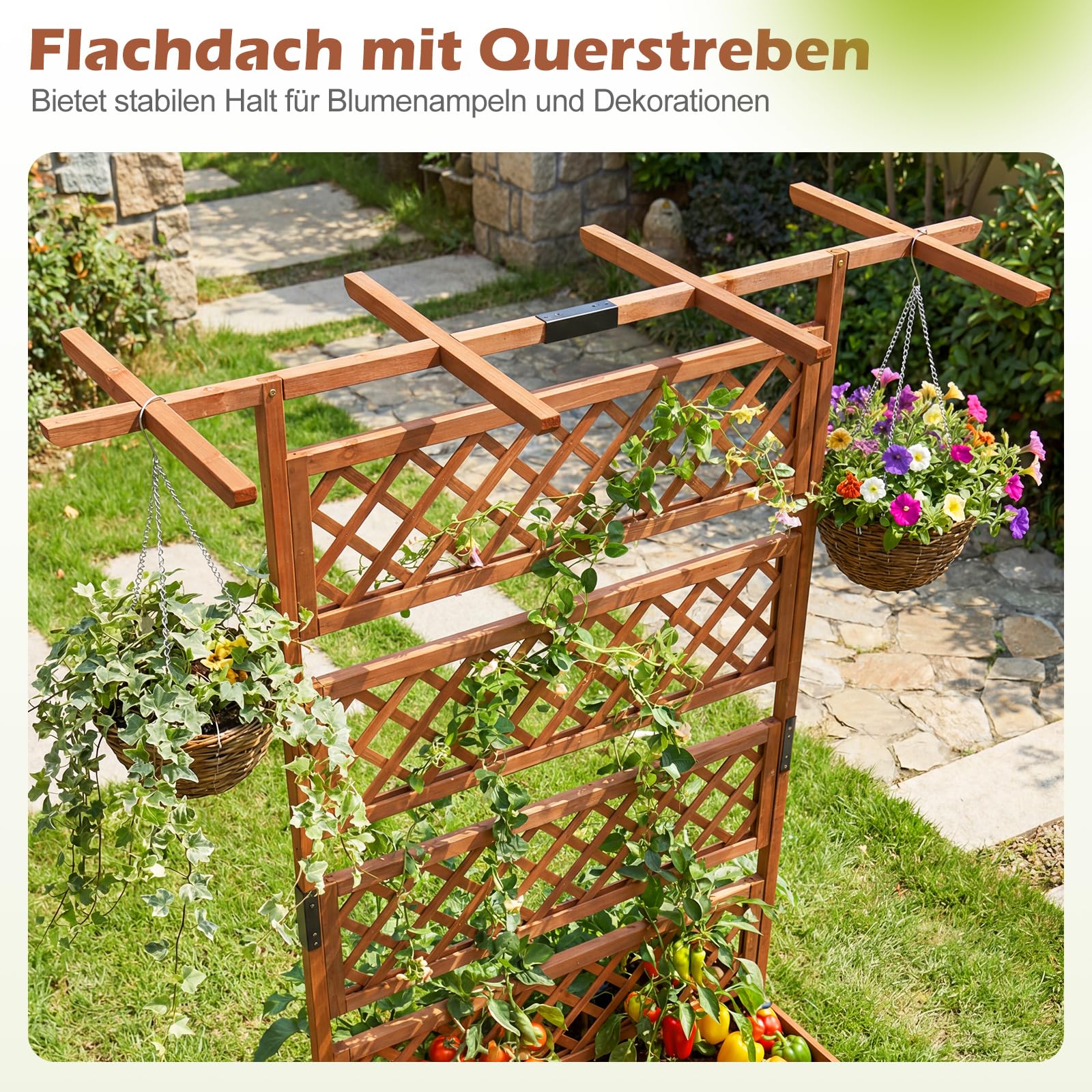 COSTWAY Blumenkasten mit Rankgitter & Dach, Pflanzkübel mit Sichtschutz, Pflanzkasten Tannenholz, Hochbeet mit Spalier, Drainagelöchern, Blumenkübel mit Rankhilfe für Kletterpflanzen, 100 x 55 x 183cm