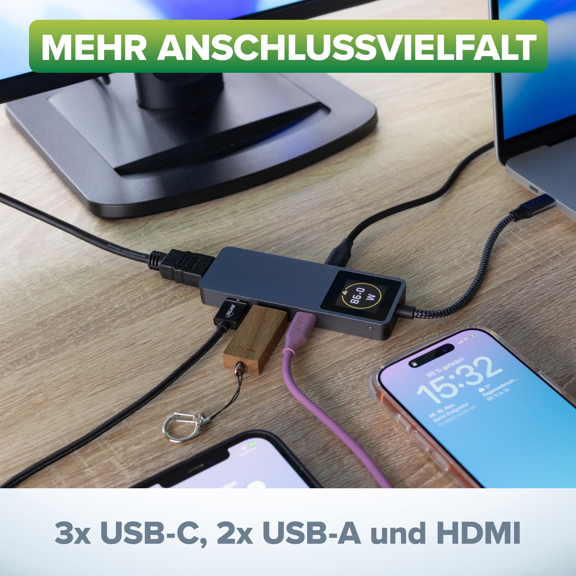 Inline Koncentrator USB 3.2 Gen.2 z 3 x USB-C, 2 x USB-A, HDMI 4K, PD 100 W, wyświetlacz, szybki transfer danych, kompatybilny z Windows macOS Linux, 35392D
