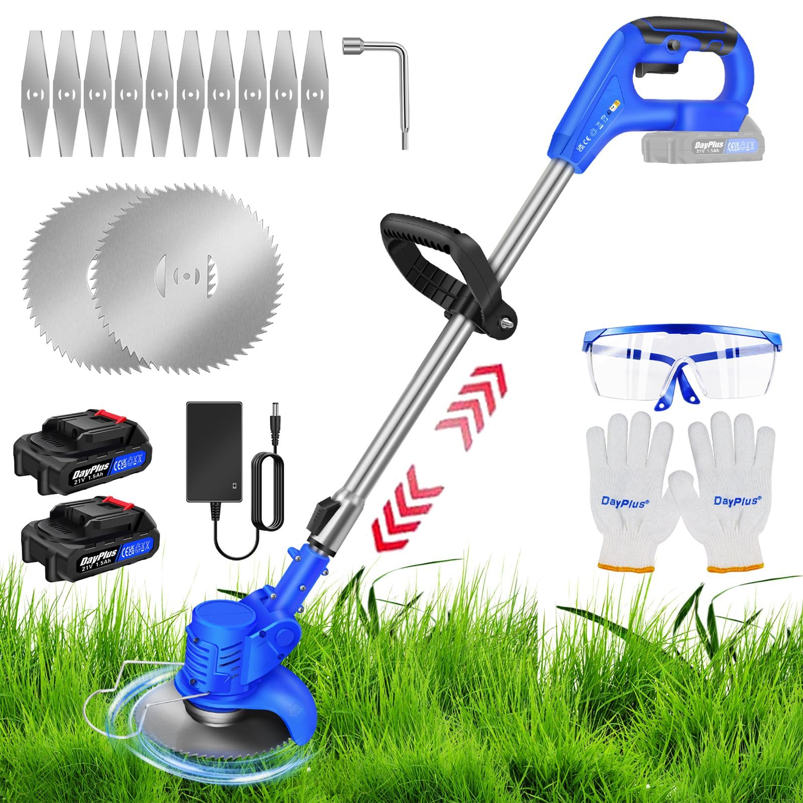 21V Li-ion Battery Powered Garden Grass Strimmers Cordless Grass Cutter with 2 Batteries, 12 Metal Blade Strimmer, Lightweight Telescopic Electric Grass Trimmer Cordless Lawn Barber for Weed Removal