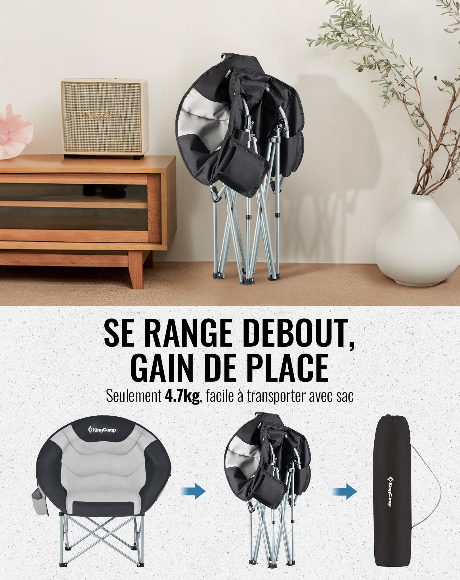 KingCamp Chaise de Camping Ronde Pliante Rembourrée jusqu'à 205 kg | Portable avec Sac Isotherme, Porte-Gobelet & Sac de Transport pour Camping, Jardin, Pêche Outdoor