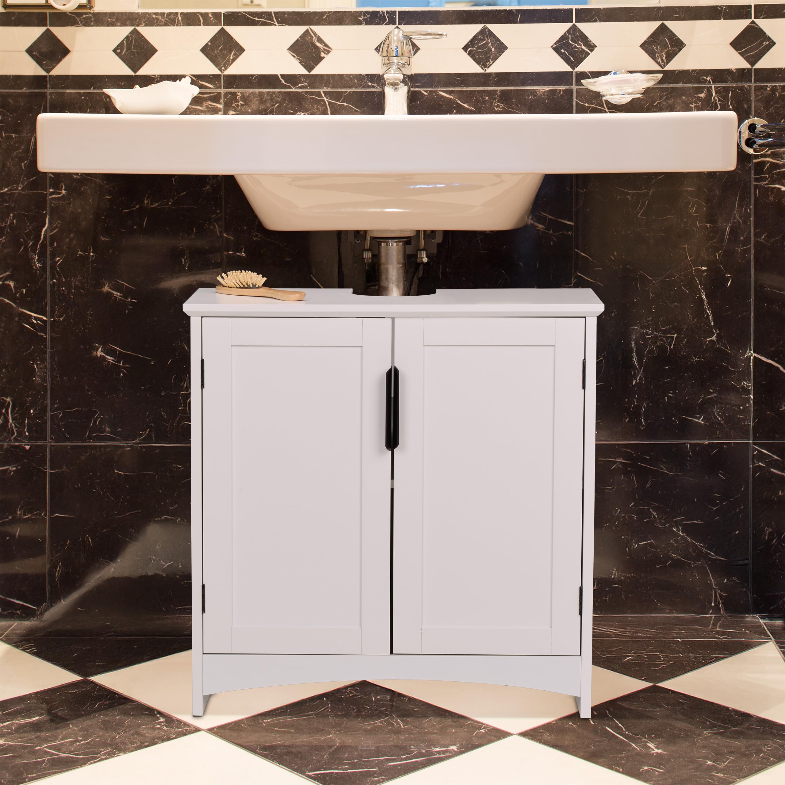 Relaxdays Mobiletto Sottolavabo, Armadietto a 2 Ante sotto Lavandino, Mobile Sifone Bagno, HLP 60x60x30 cm, MDF, Bianco
