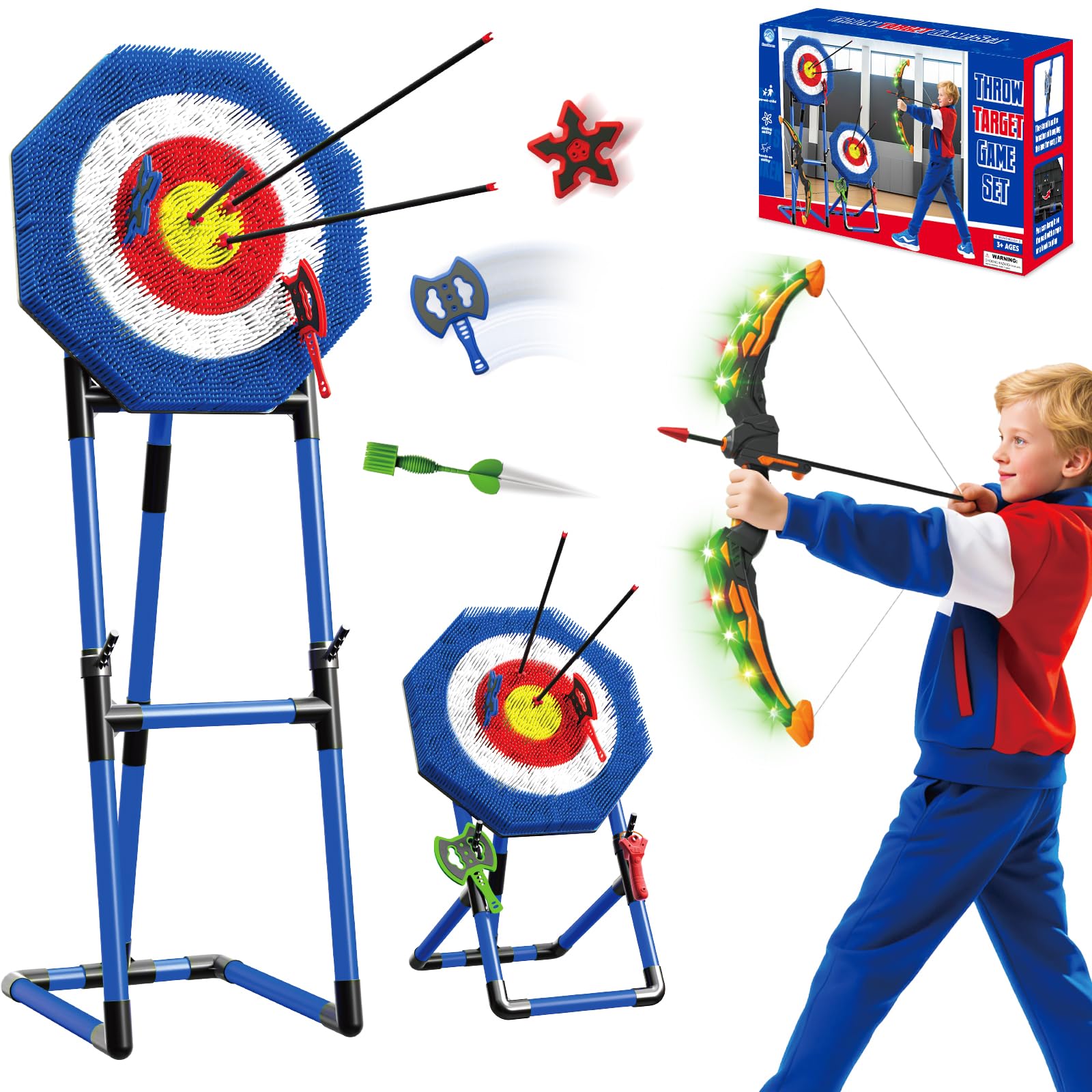 Axe Throwing Game for Backyard - 5 in 1 Outdoor Games for Kids Adults Family - Bristle Target, Light Bow & 8 Arrow, 3 Throwing Axes, 2 Ninja Stars, 3 Darts, Slingshot - Archery Games for Yard Lawn