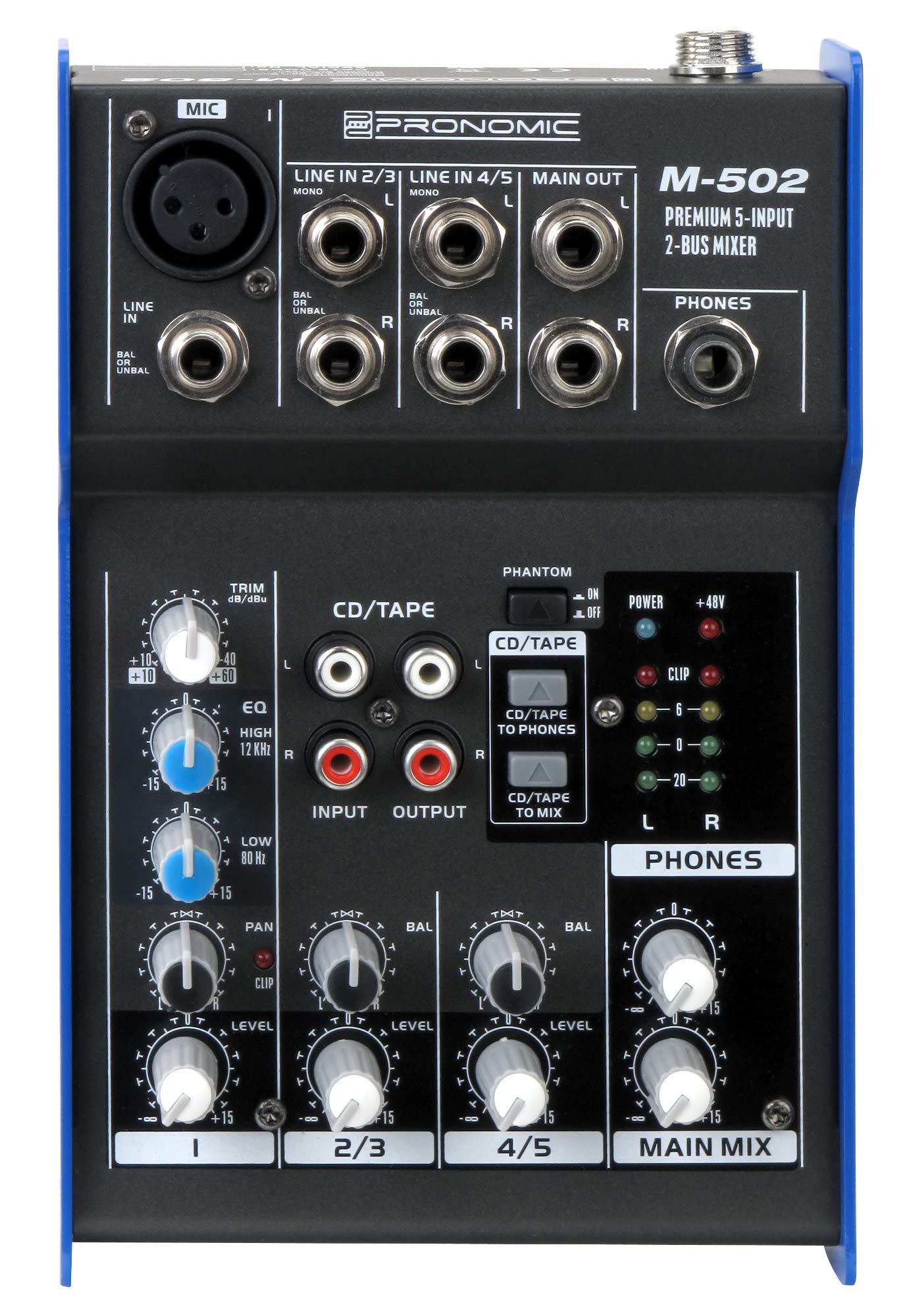 Pronomic M-502 Mesa de Mezclas, LED de clip en el canal mono, 3 mm | 12 canales mono con entrada XLR/jack (bal/unbal), 2 canales estéreo con entradas jack (bal/unbal), LED de encendido, 3 mm