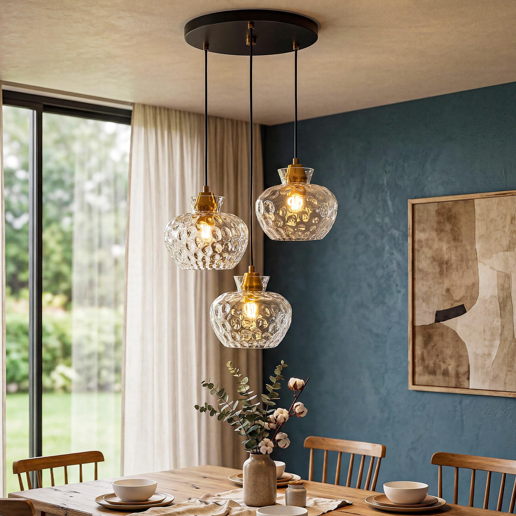 Tribesigns Pendelleuchte 3 Flammig, Vintage Hängelampe mit Wasserriffel Glas, Höhenverstellbare Hängeleuchte Esstisch, E27 Glas Pendelleuchte für Esszimmer, Küche, Wohnzimmer, Schwarz