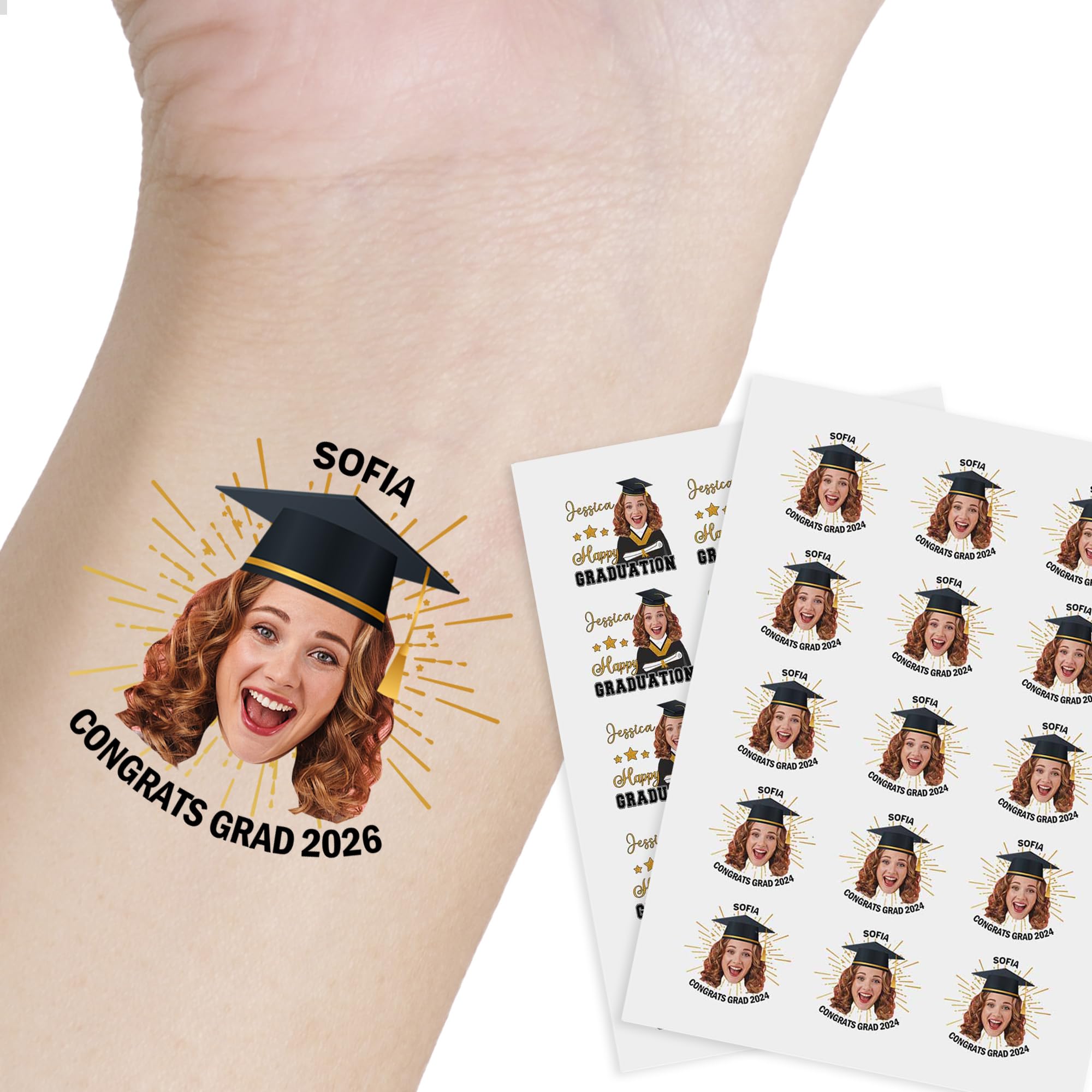 Custom Graduation Tattoos Personalized Face Temporary Tattoos with Name Customized Fake Tattoo Graduation Party Supplies