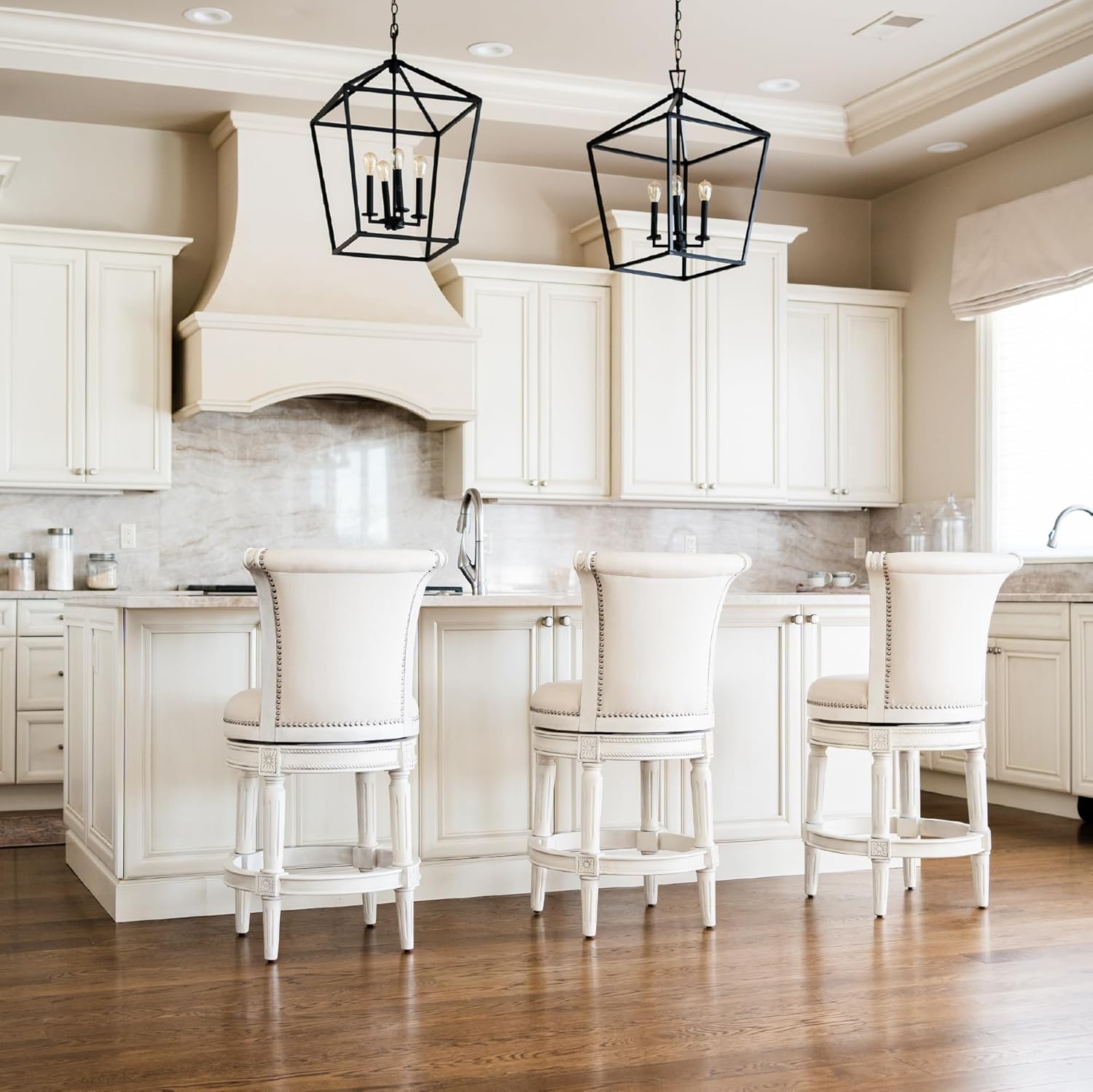 Maven Lane Pullman Counter Stool 26 Inches – Swivel Stool with Footrest – Cream Solid Wood Frame & Cream Fabric Upholstery – Perfect for Kitchen Islands & Counters