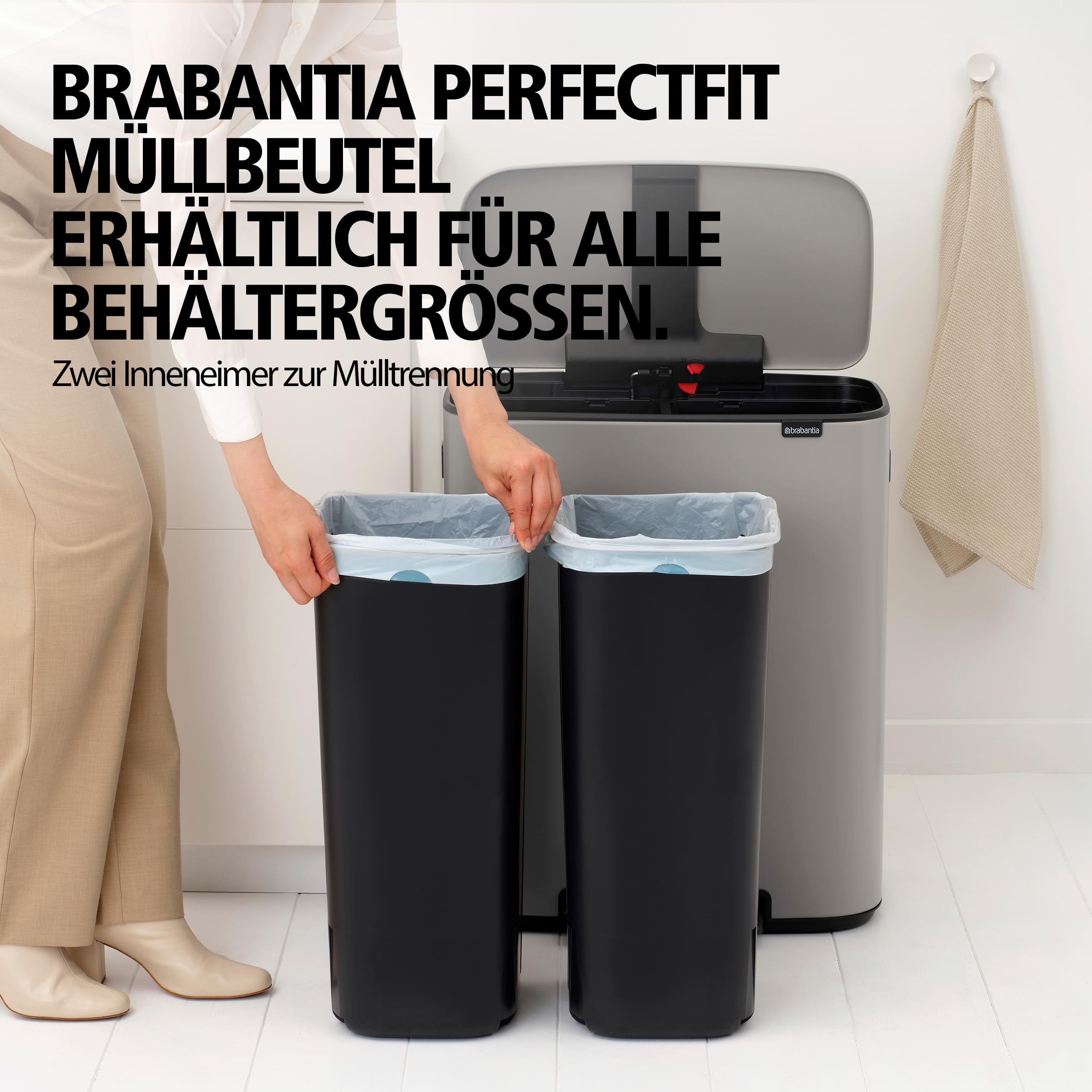 Brabantia Bo Tretmülleimer – 2 x 30 l Inneneimer (Soft Grey) Großer Abfalleimer-/Recycling Behälter – sanft schließender Deckel