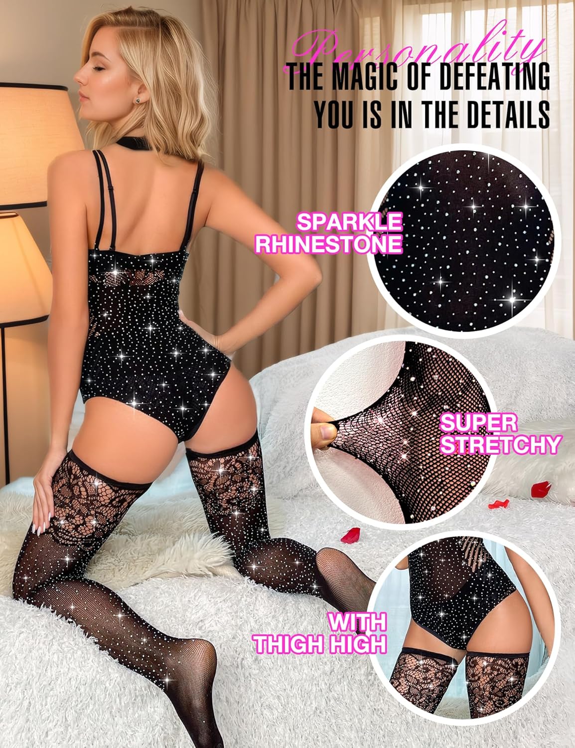 RSLOVE Women Lingerie Fishnet Teddy Bodysuit Sparkle Rhinestone Mesh Lingerie with Thigh High Stockings - Image 5